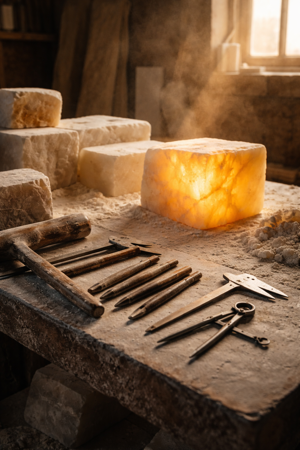 Vintage tools on a stone surface with a glowing salt lamp in the background