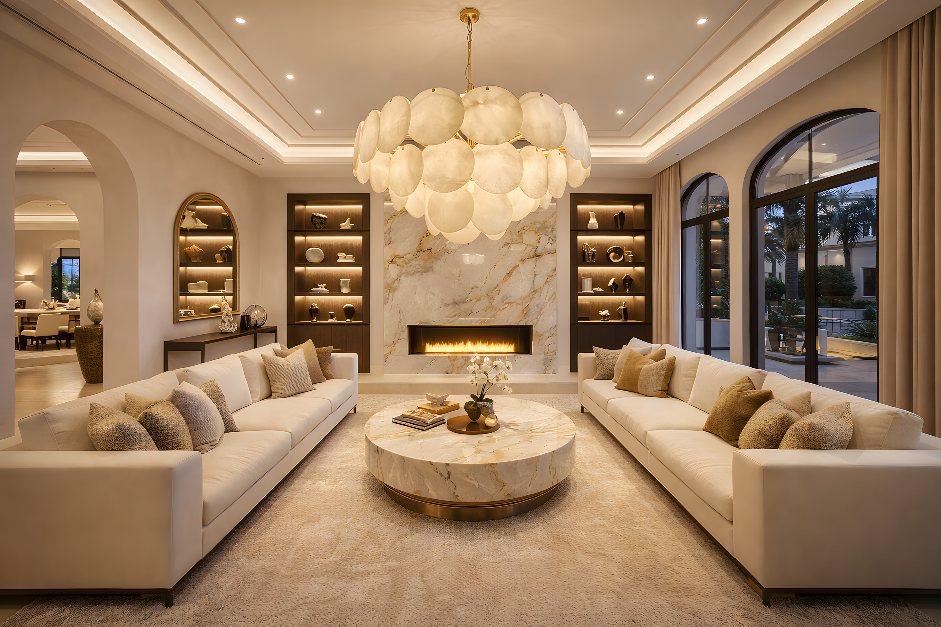 Luxurious living room with beige sofas, marble coffee table, and decorative lighting.