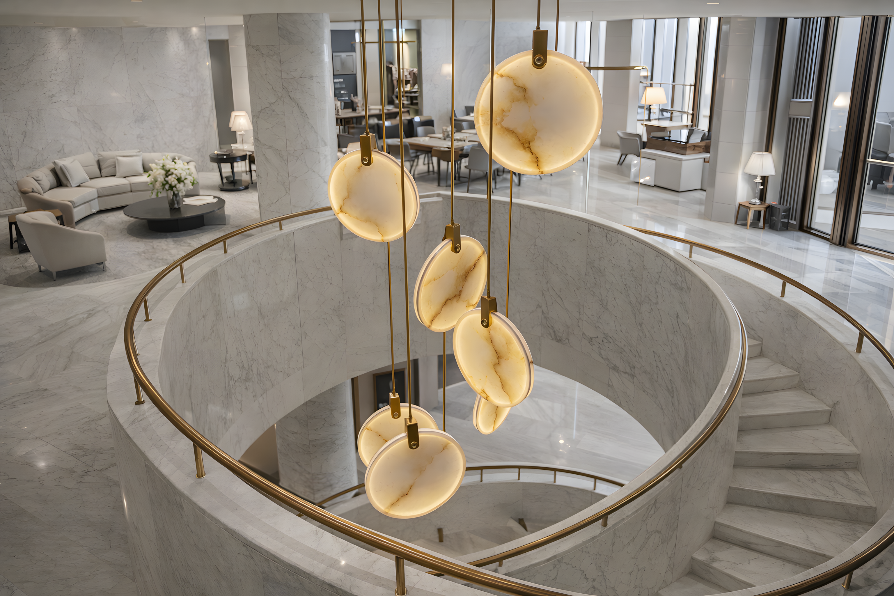 Modern interior with circular staircase and pendant lights