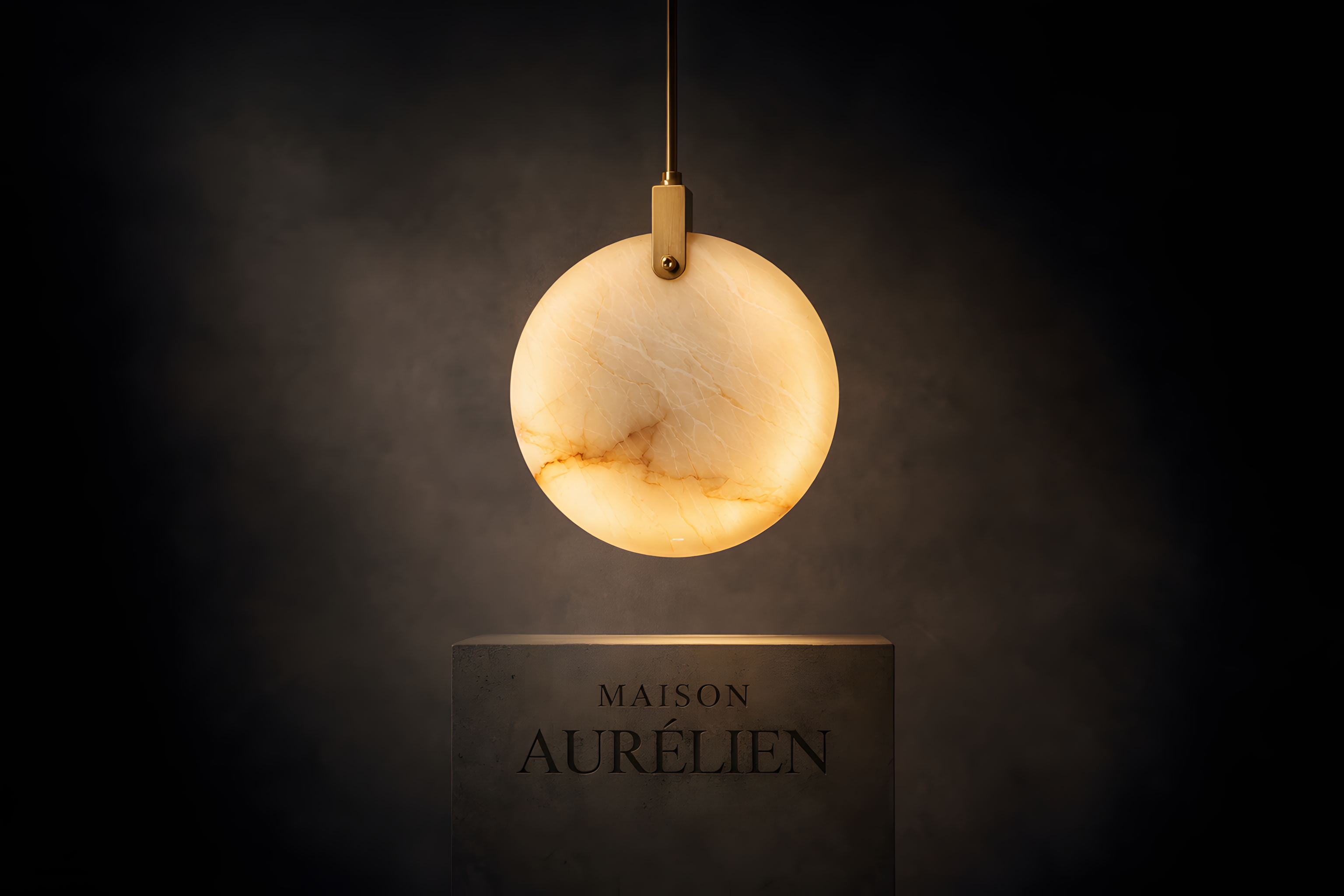 Decorative pendant light with a warm glow on a dark background, featuring the brand 'MAISON AURELIEN'.