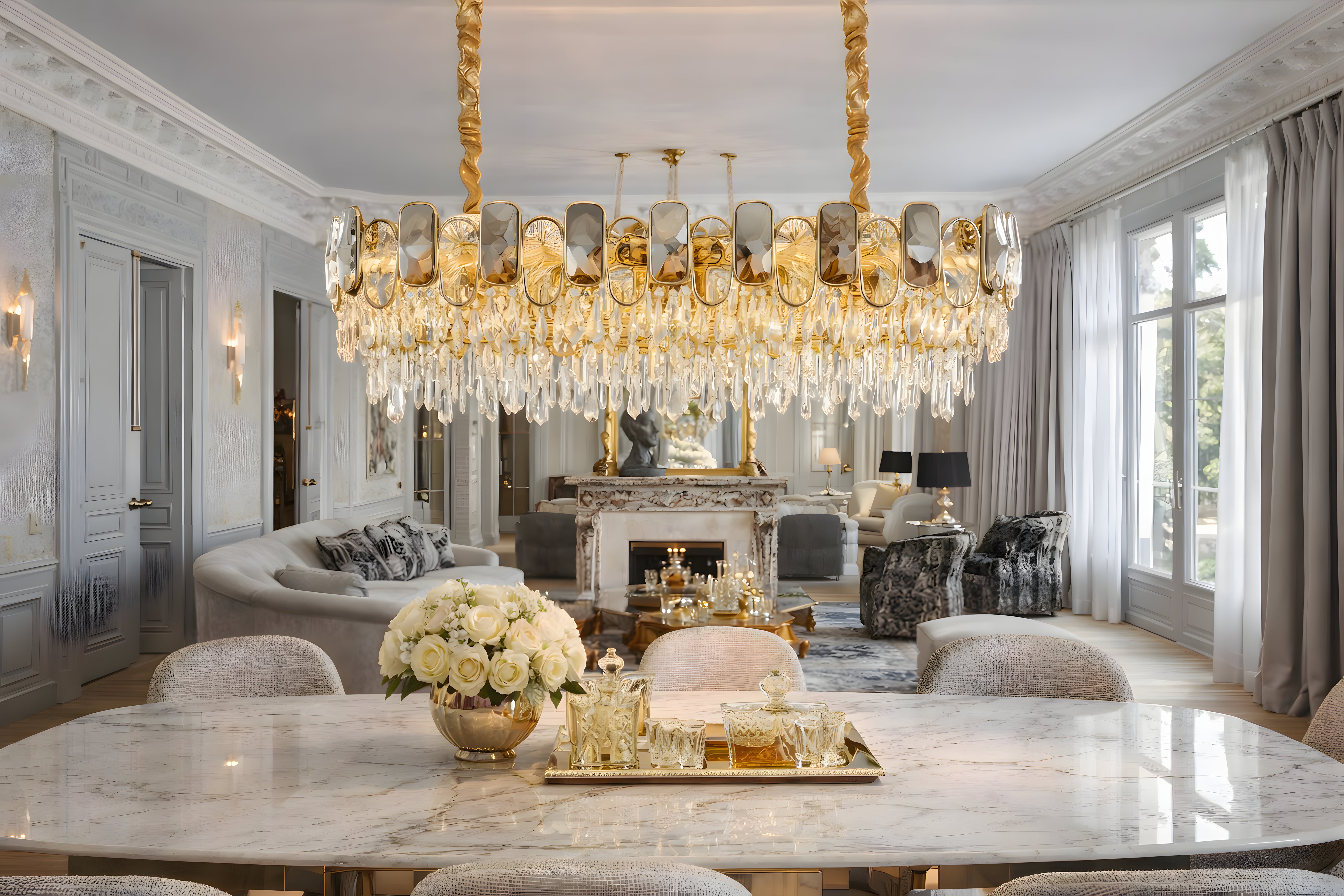 Luxurious dining room with a large chandelier, marble table, and elegant decor.