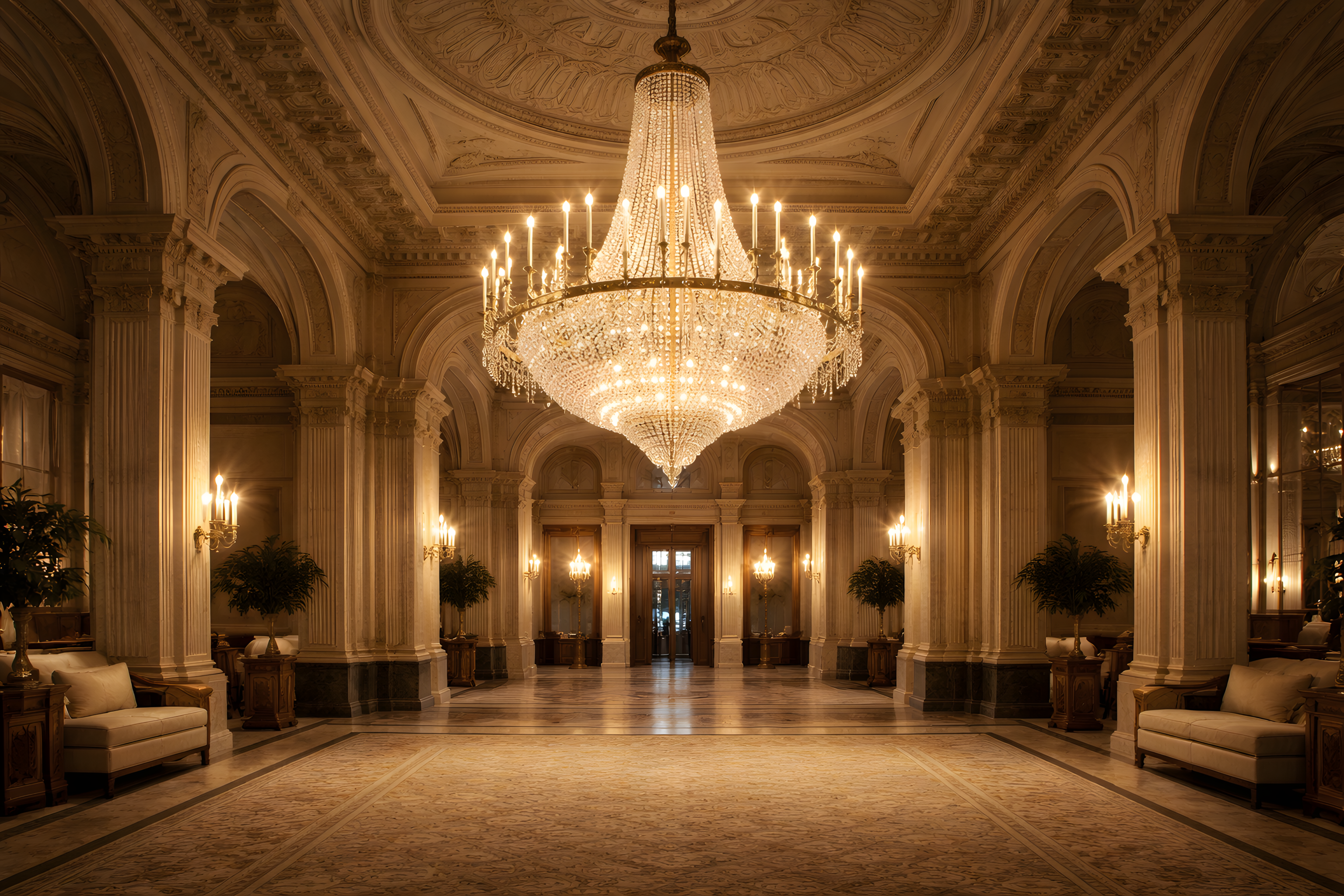 Luxurious interior of a grand building with a large chandelier and ornate architecture.