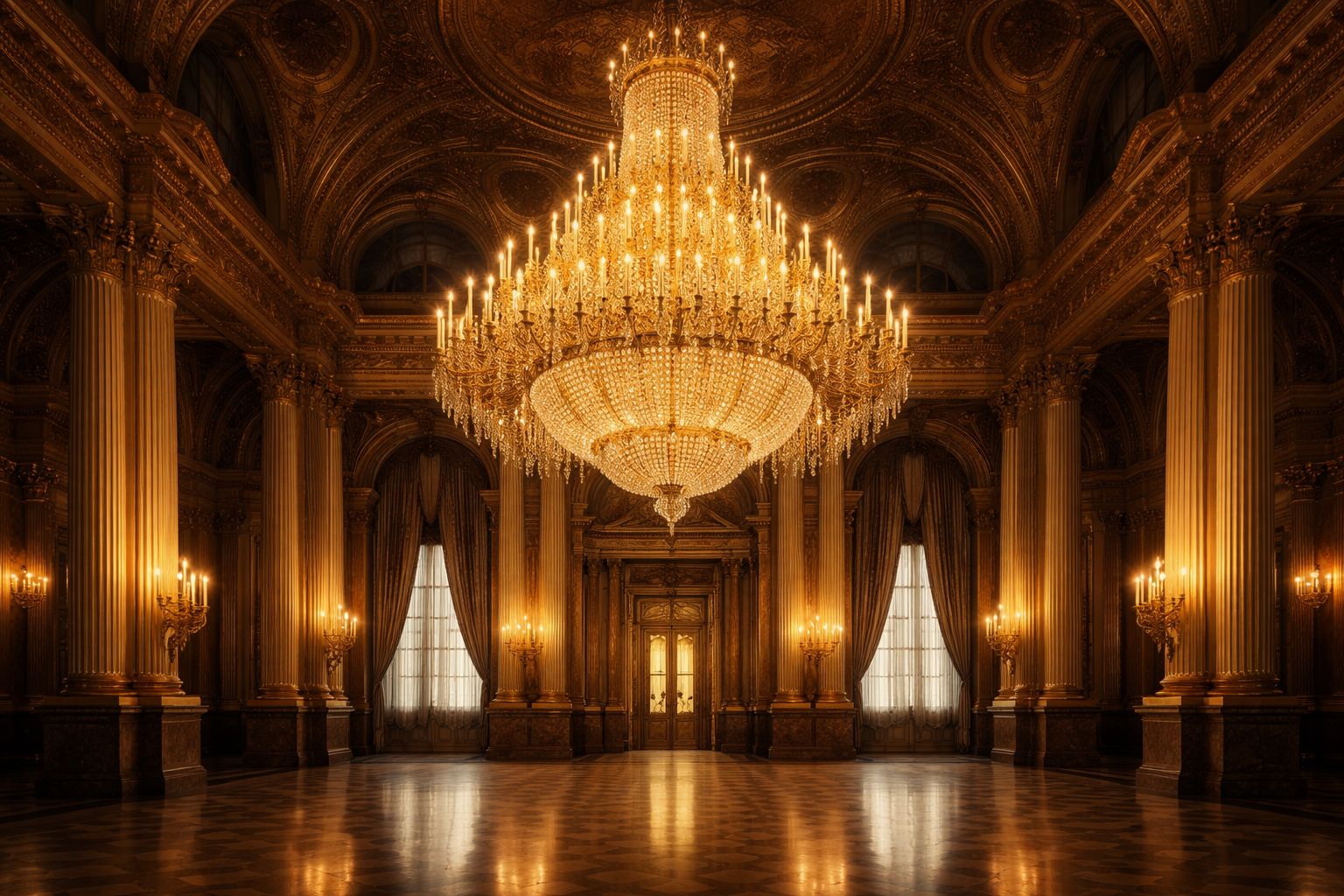 Opulent room with a grand chandelier in an elegant interior setting