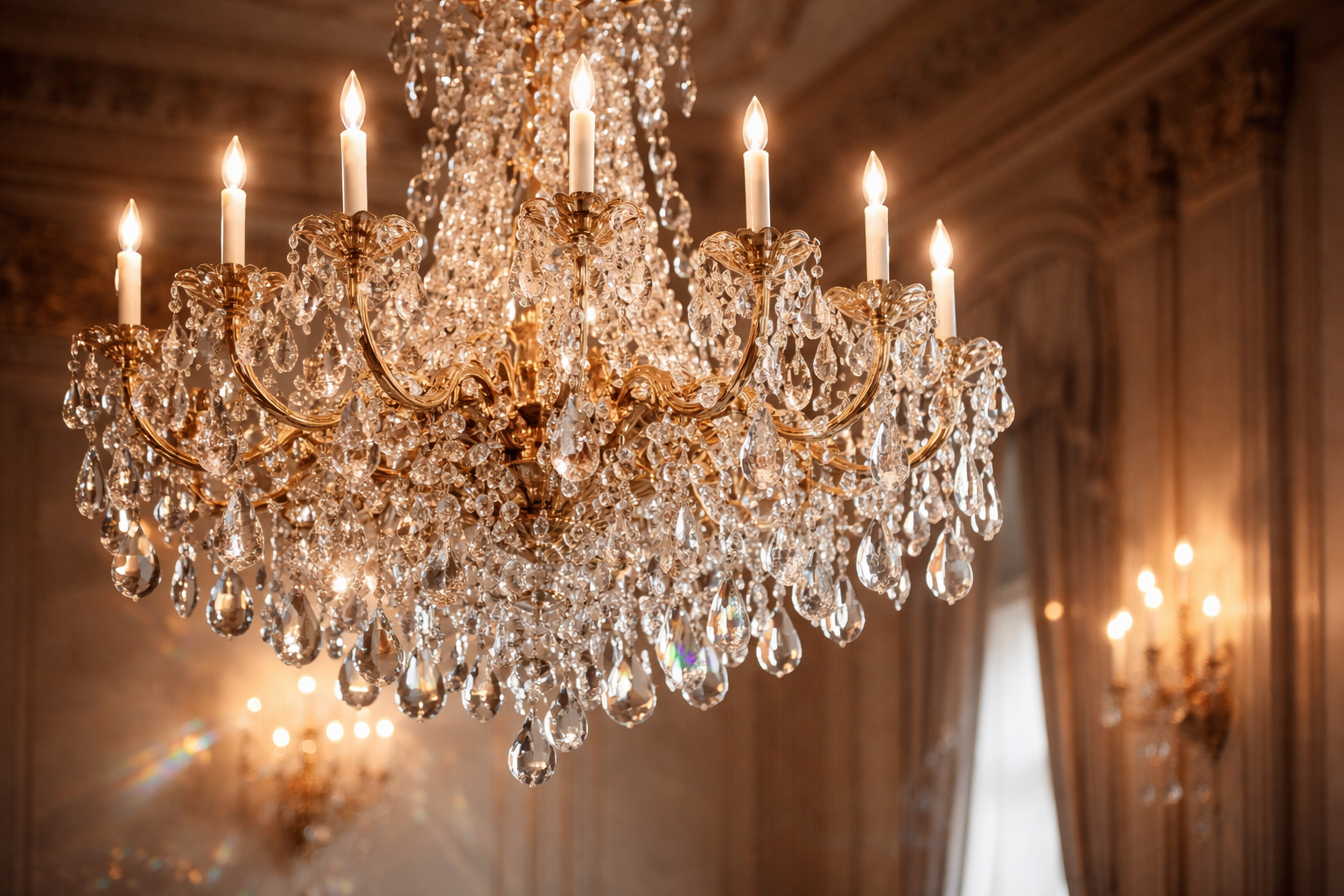 Luxurious crystal chandelier with multiple lights in a dimly lit room.