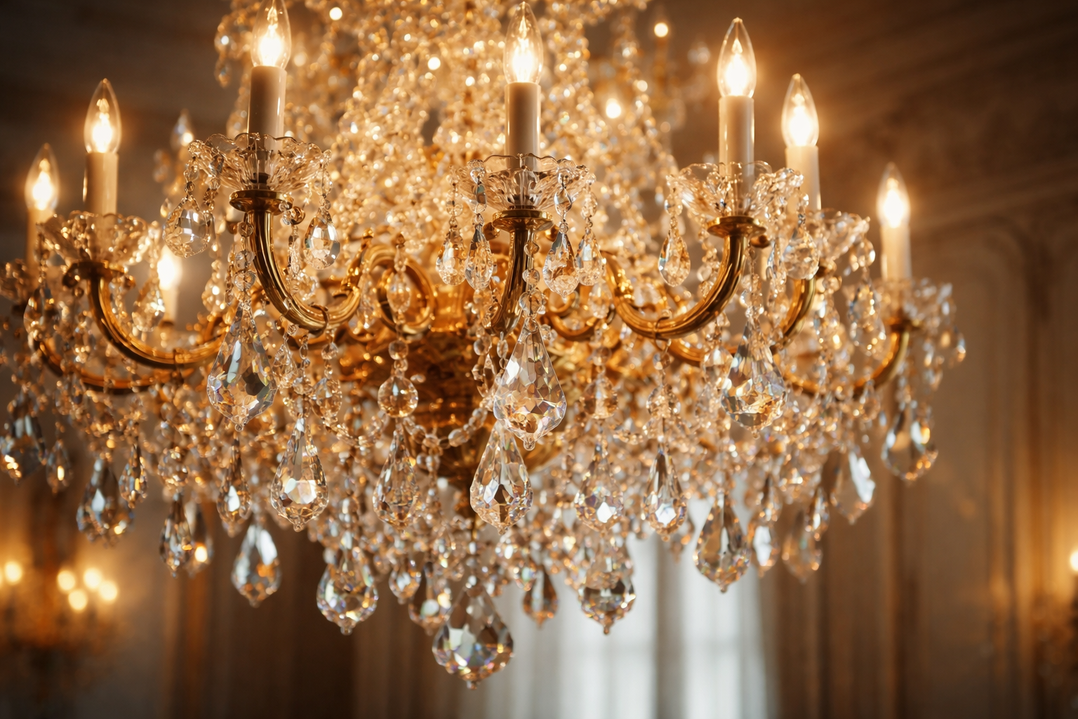 Luxurious crystal chandelier with multiple lights in a dimly lit room.