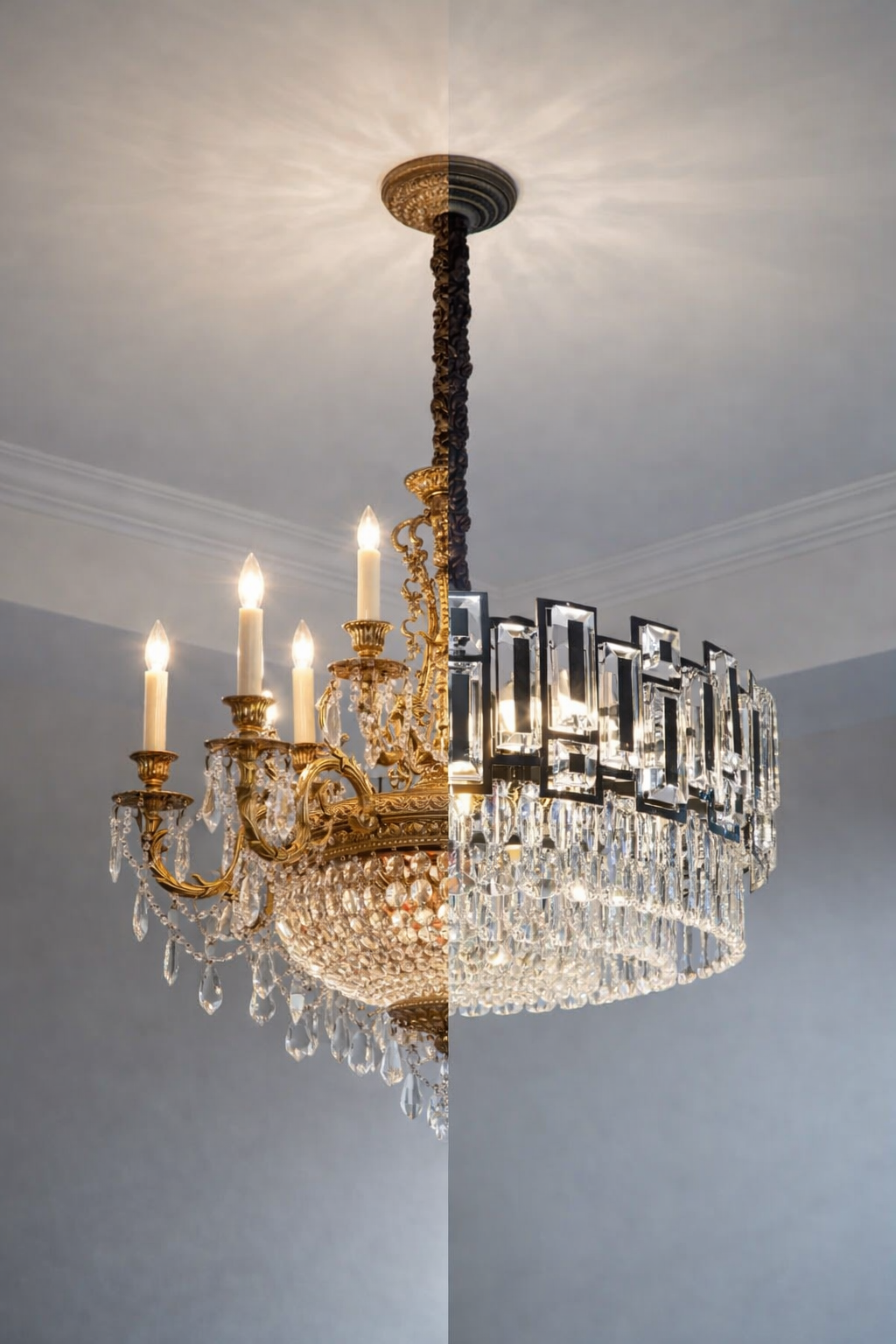 Split image of a chandelier with candles on one side and modern light fixture on the other, against a neutral background.