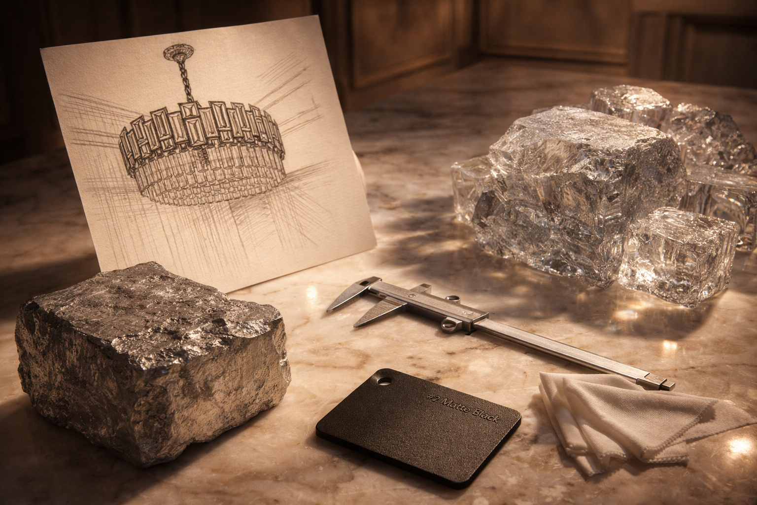 Mineral specimens on a table with a chandelier drawing and measuring tools.