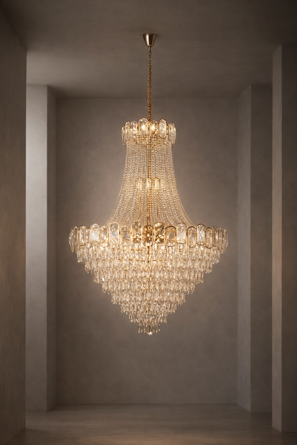 Luxurious chandelier hanging in a dimly lit room with a neutral color palette.