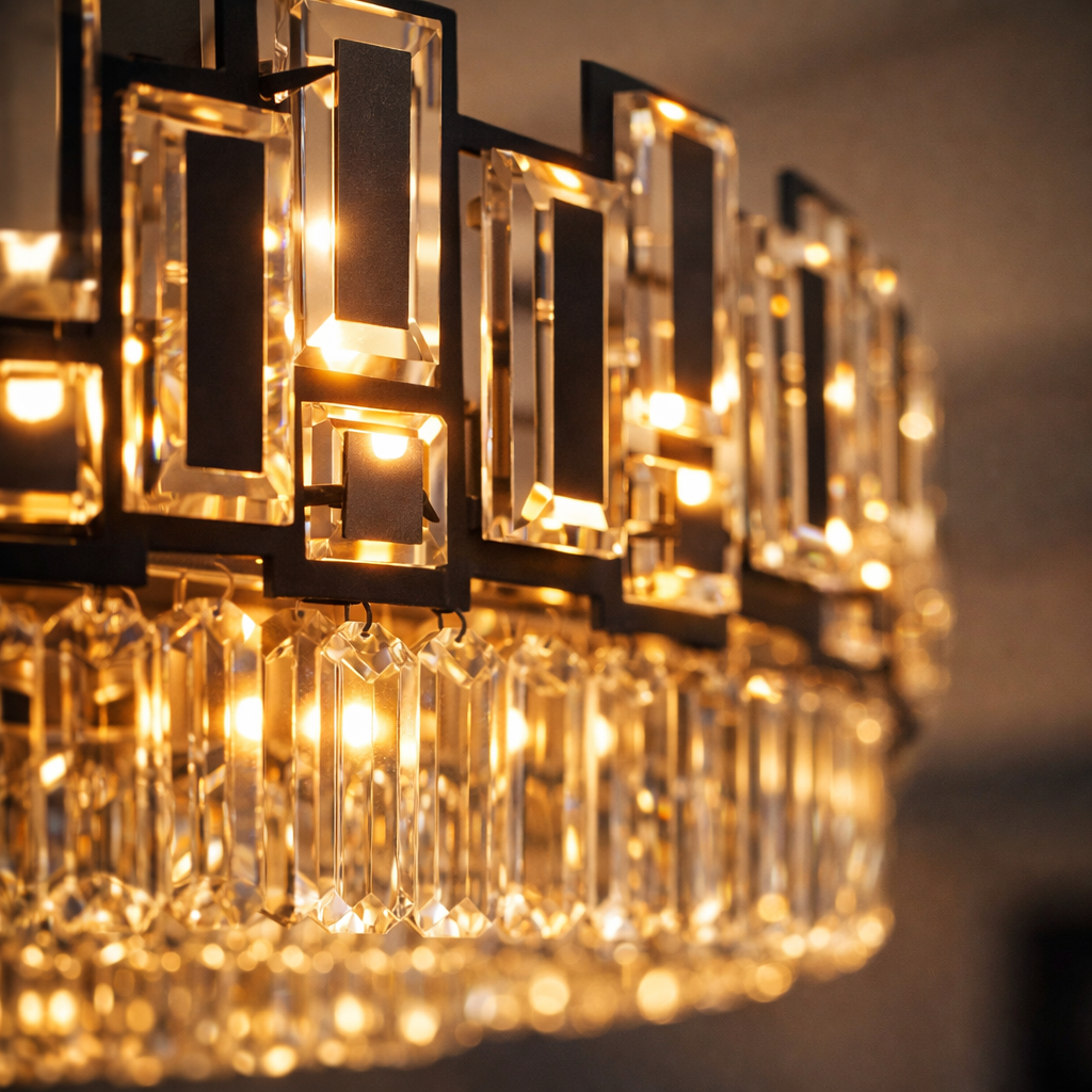 Close-up of a chandelier with crystal-like design
