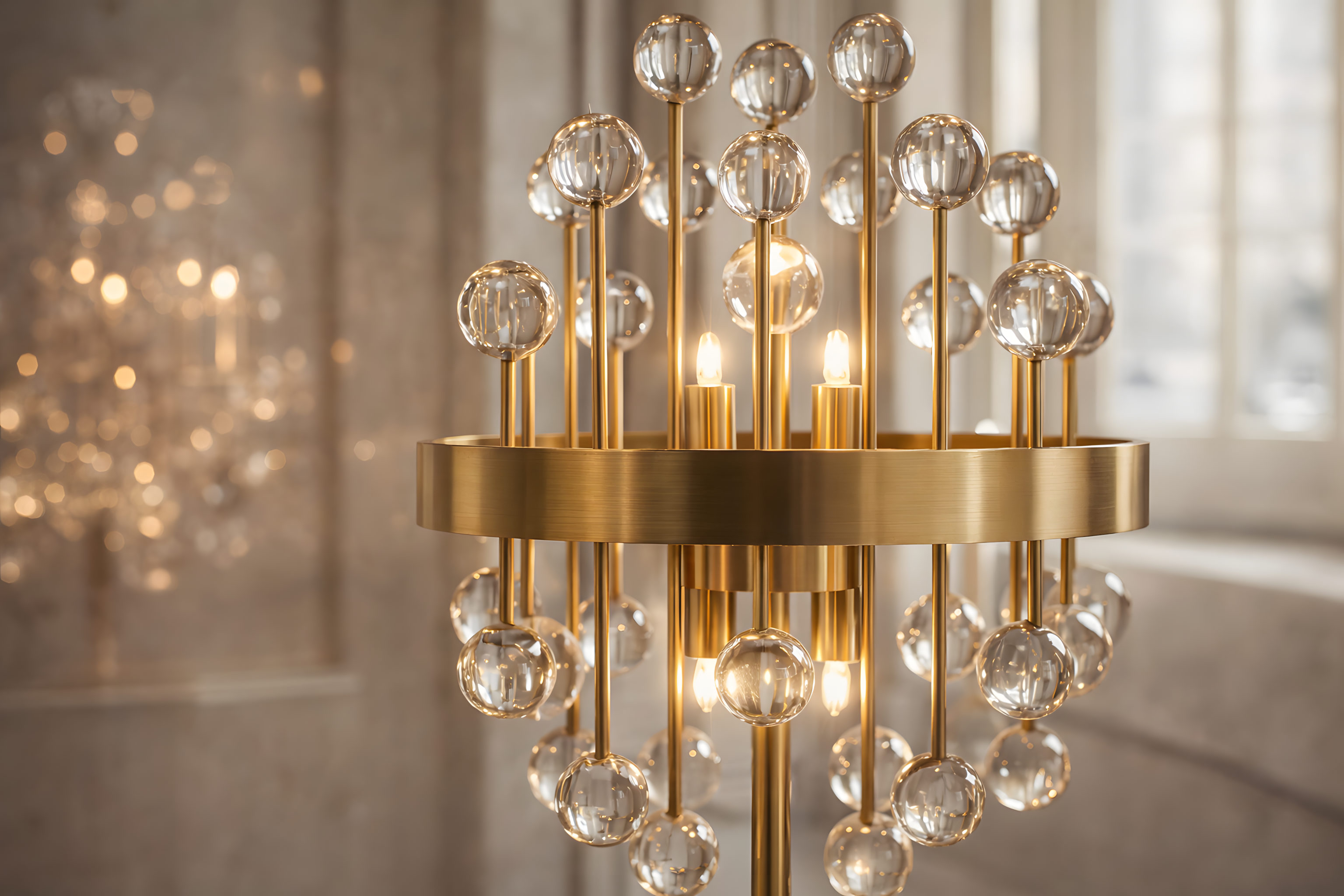 Gold chandelier with clear glass balls against a neutral background