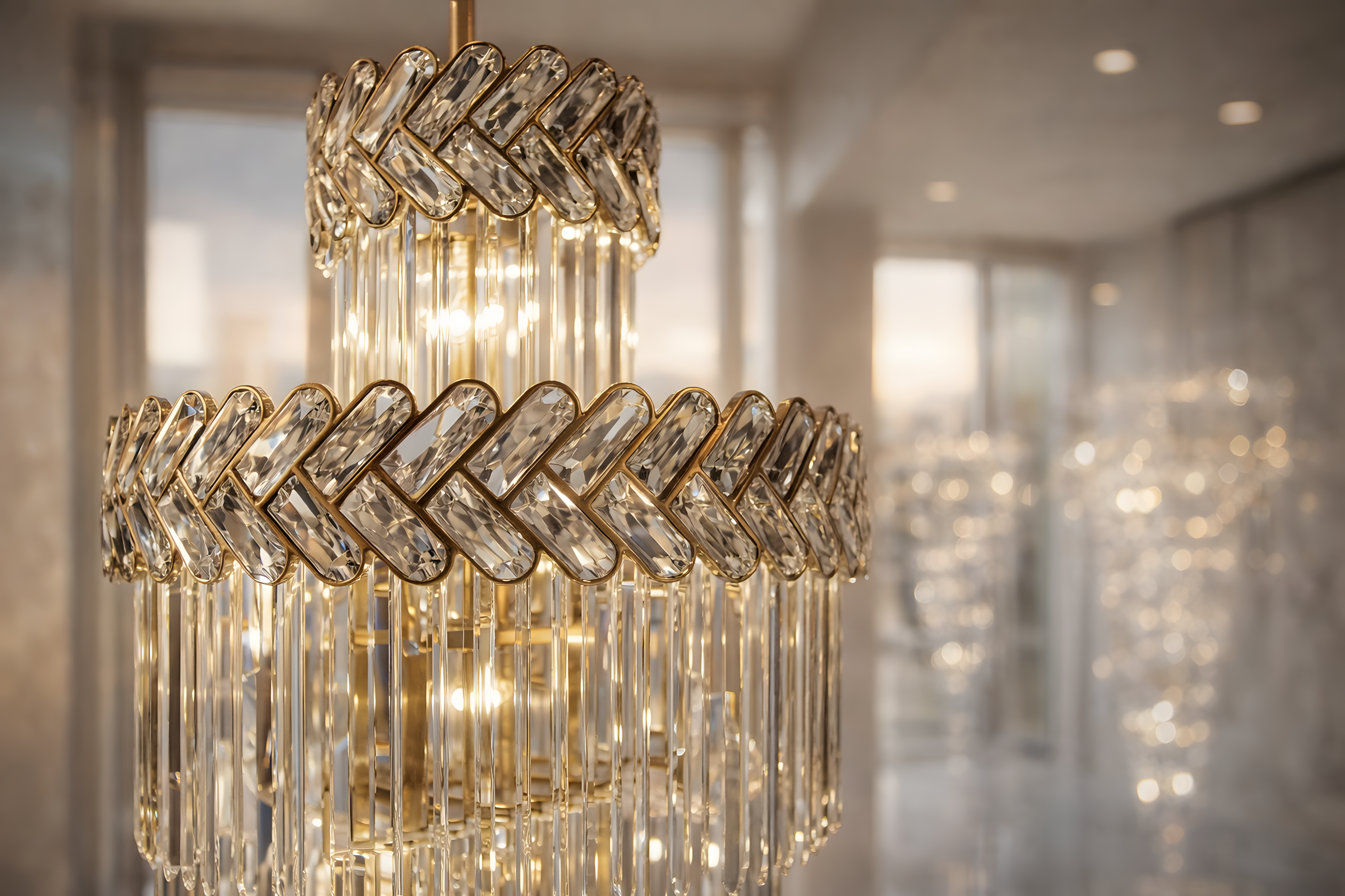 Gold chandelier with crystal accents in a softly blurred room setting