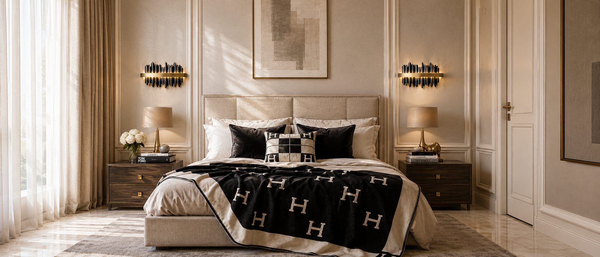 Luxurious bedroom with a bed featuring a black and white pattern, nightstands, and wall art.