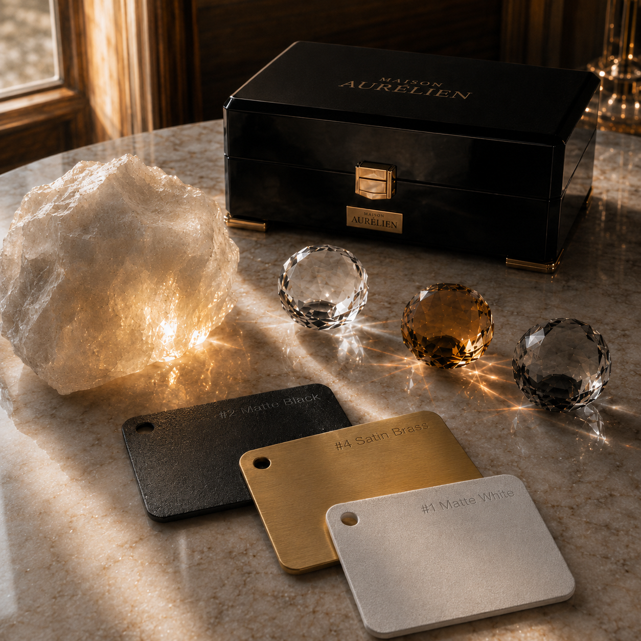 Decorative items including a crystal, stone, and color swatches on a textured surface with 'Aurelien' branding.