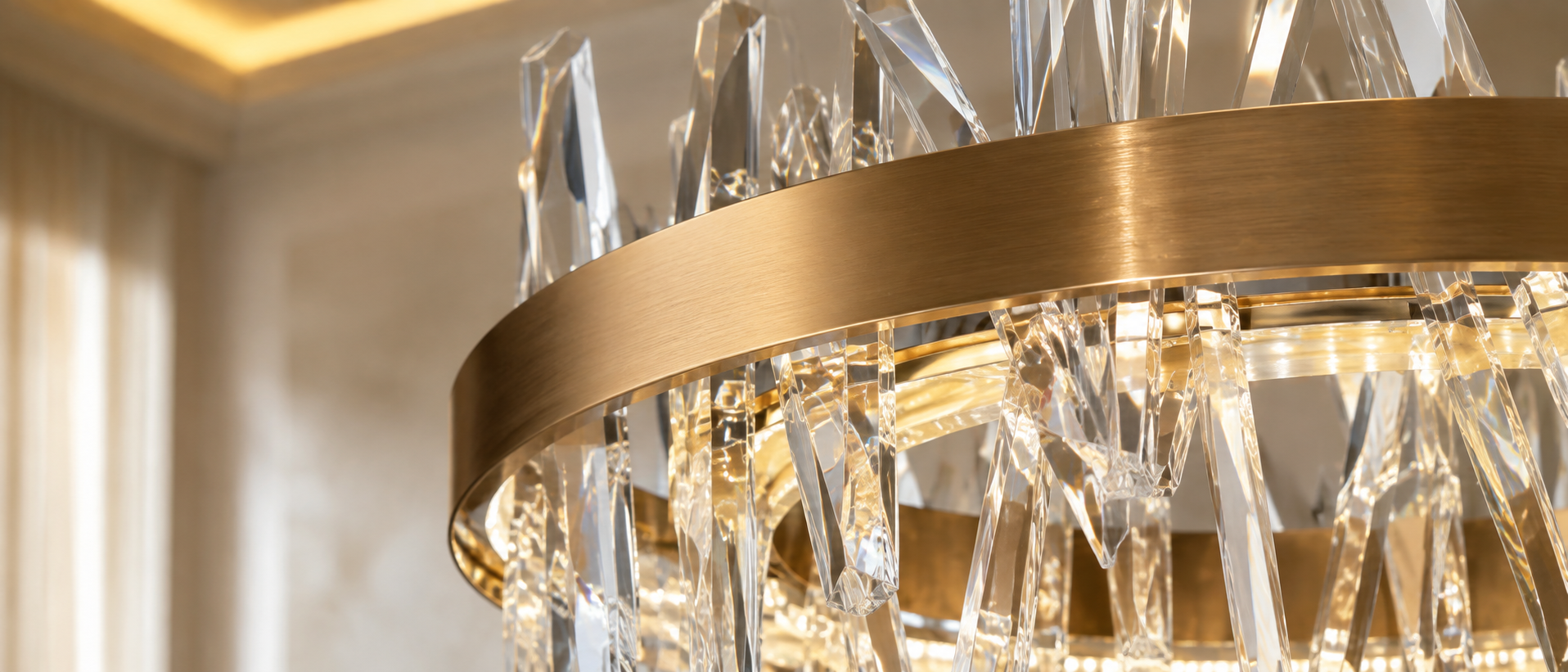 Détail d’un lustre Maison Aurélien en finition Doré champagne poli à la lumière du matin.