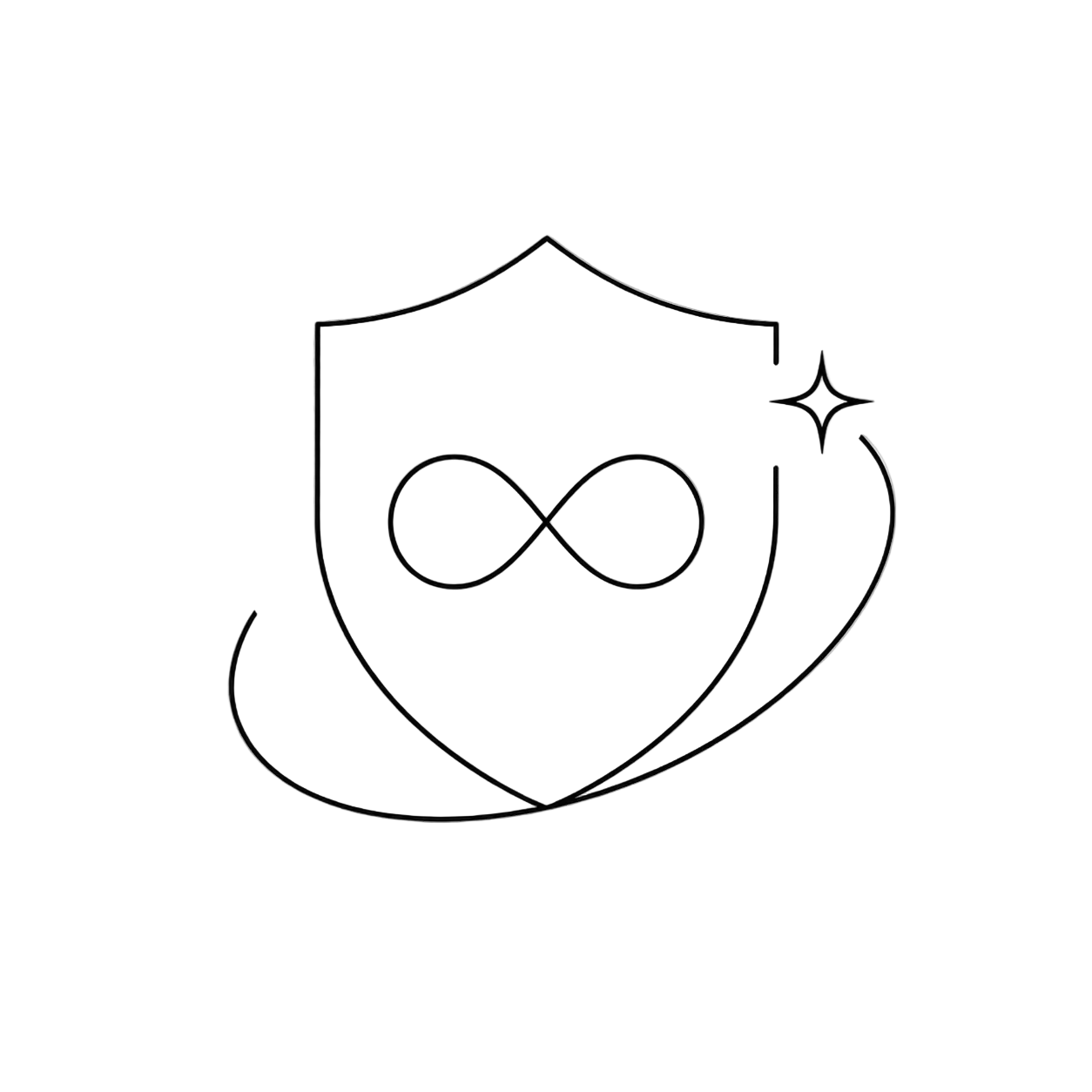Shield icon with an infinity symbol inside on a white background