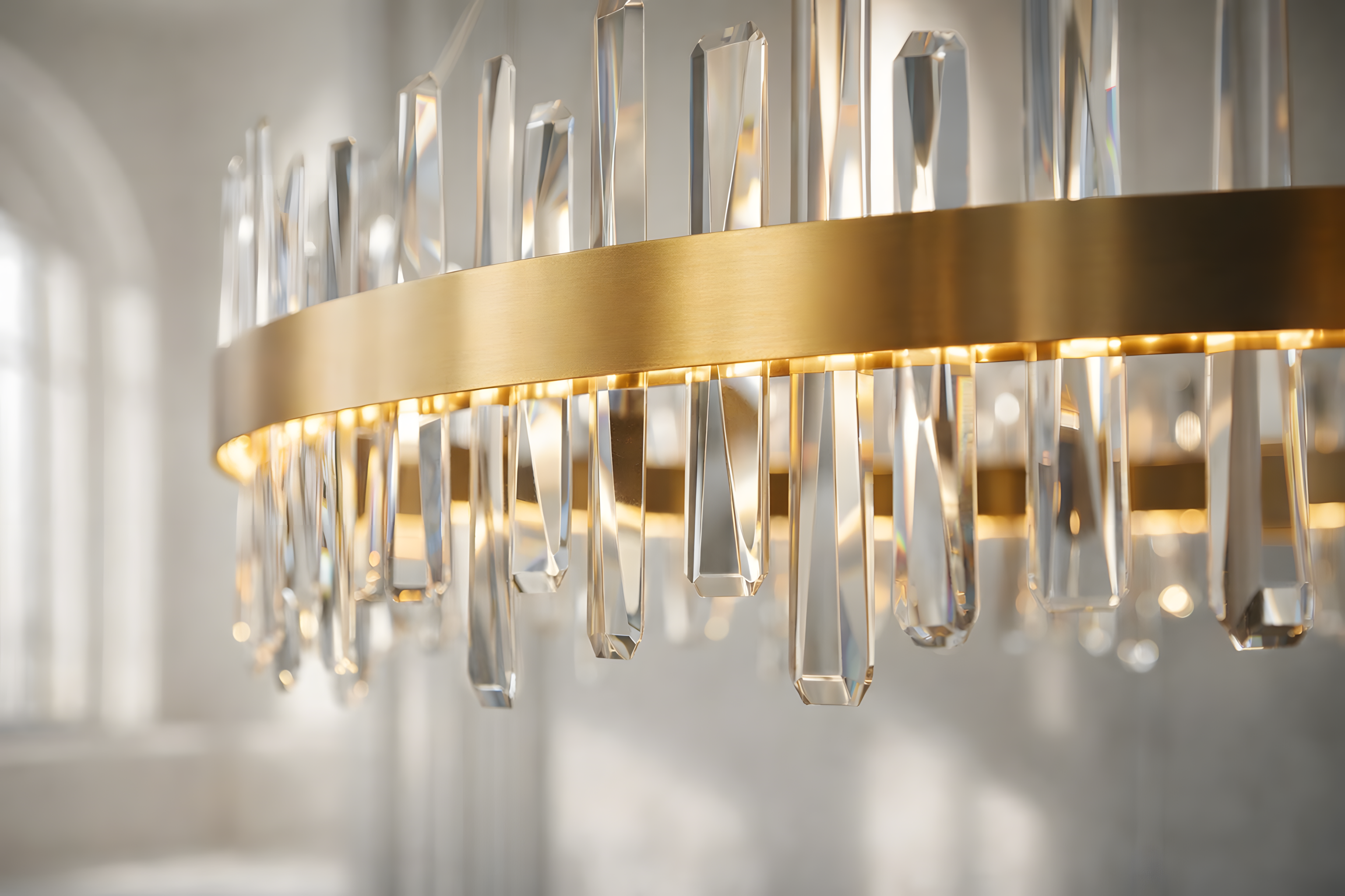 Gold chandelier with crystal-like accents in a softly blurred room setting