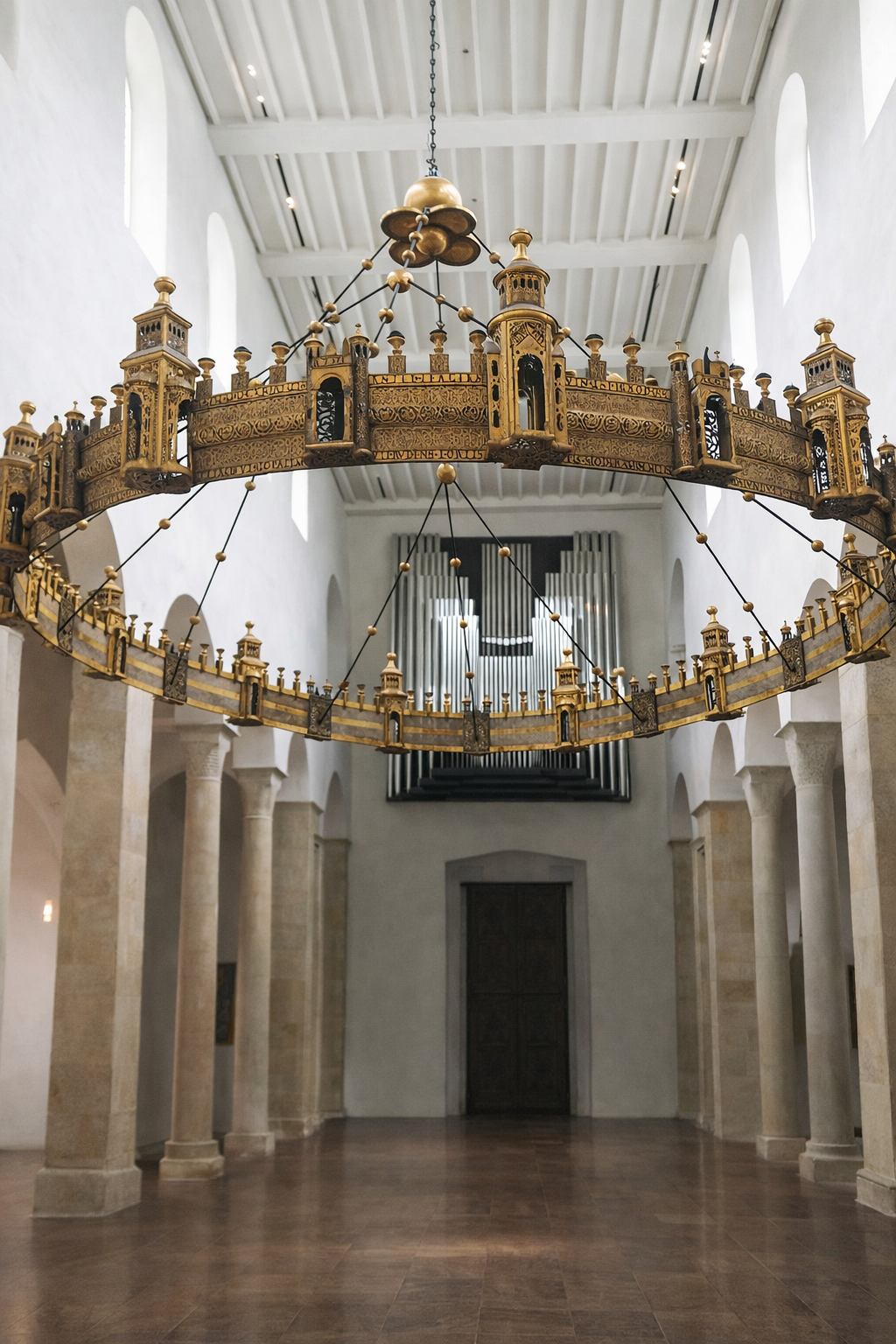 Large ornate circular chandelier hanging in a church or cathedral interior.