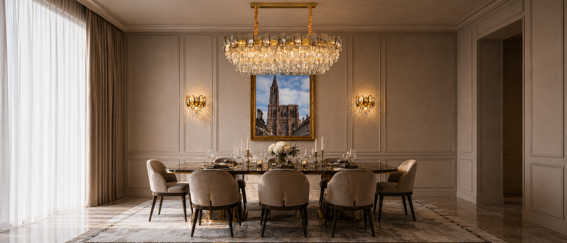 Lustre rectangulaire en cristal et métal doré au-dessus d’une table de salle à manger.