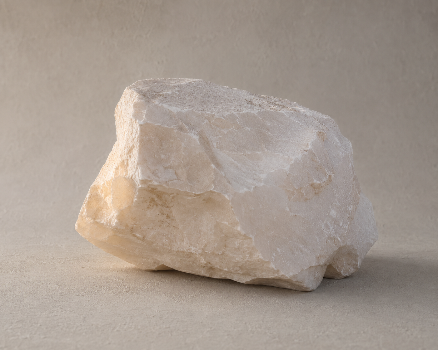 Échantillon brut d’albâtre gypseux montrant sa texture fine et une arête translucide.