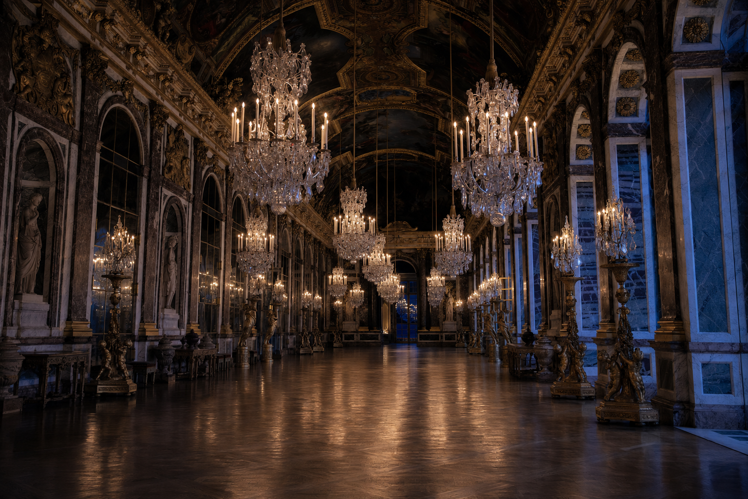 Galerie des Glaces de Versailles illuminée par des lustres en cristal et des bougies.