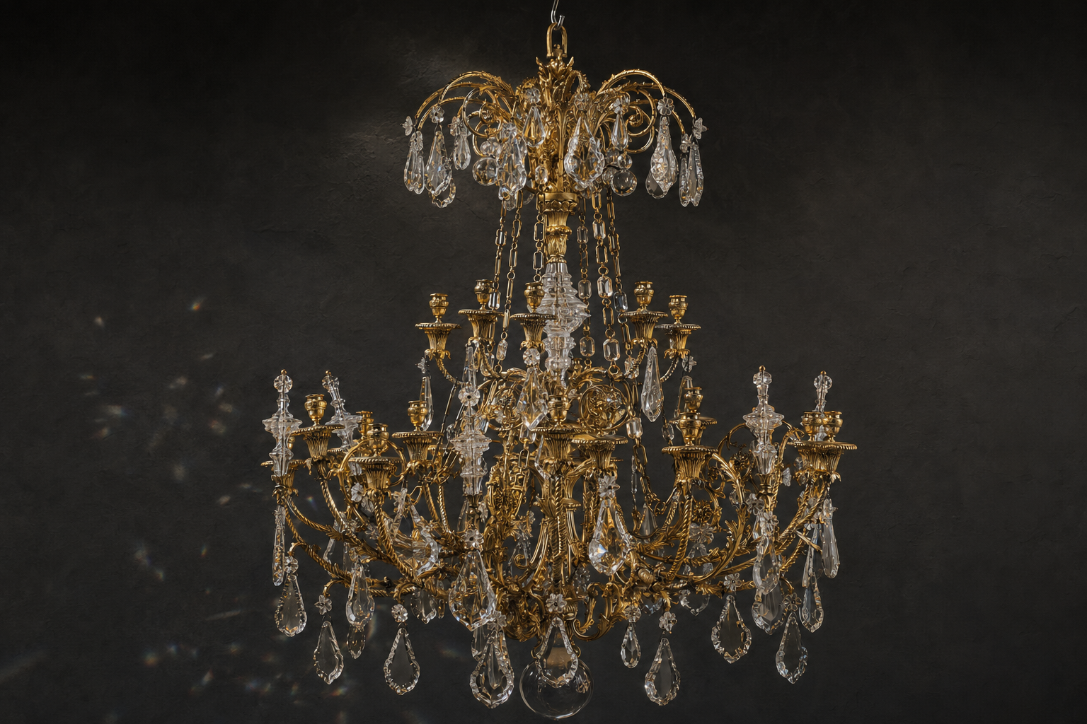 Lustre français en bronze doré et cristal sur fond sombre, évocation de la fin du XVIIIe siècle.