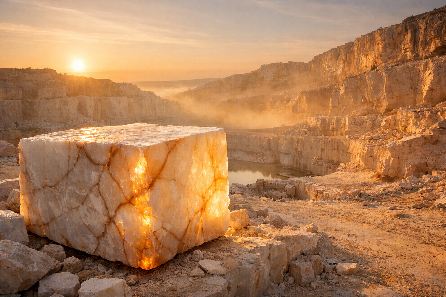 Large stone block with a scenic desert landscape at sunset