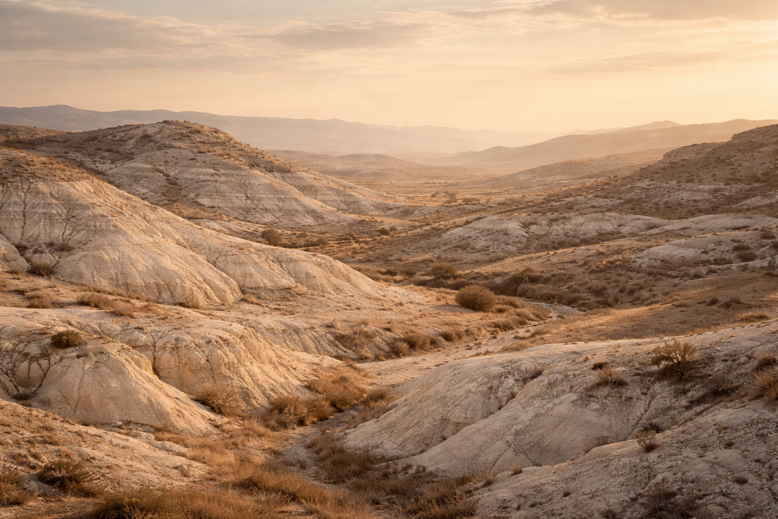 Desert landscape with rocky hills and a hazy sky