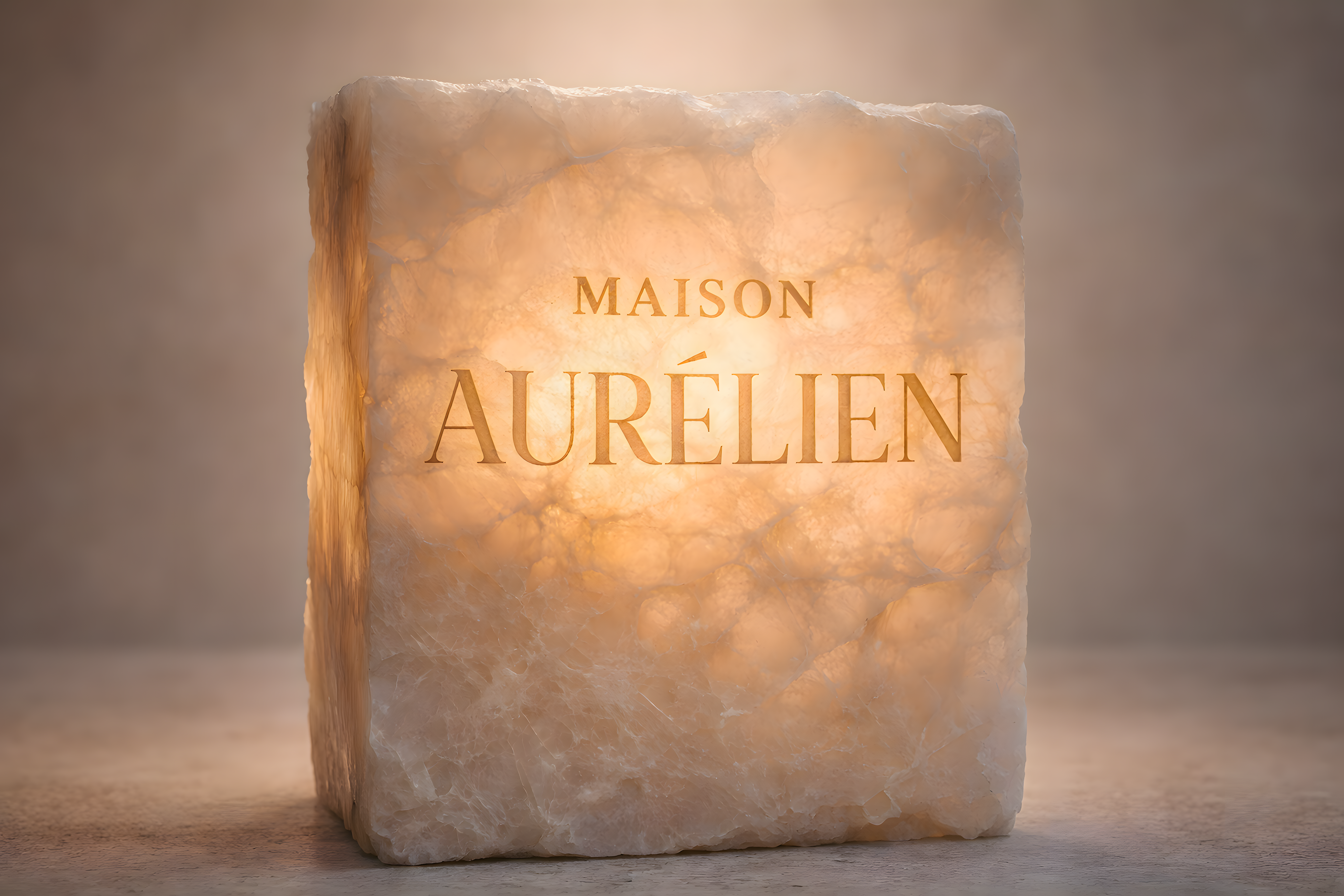 Luminous block with 'MAISON AURELIEN' text on a neutral background