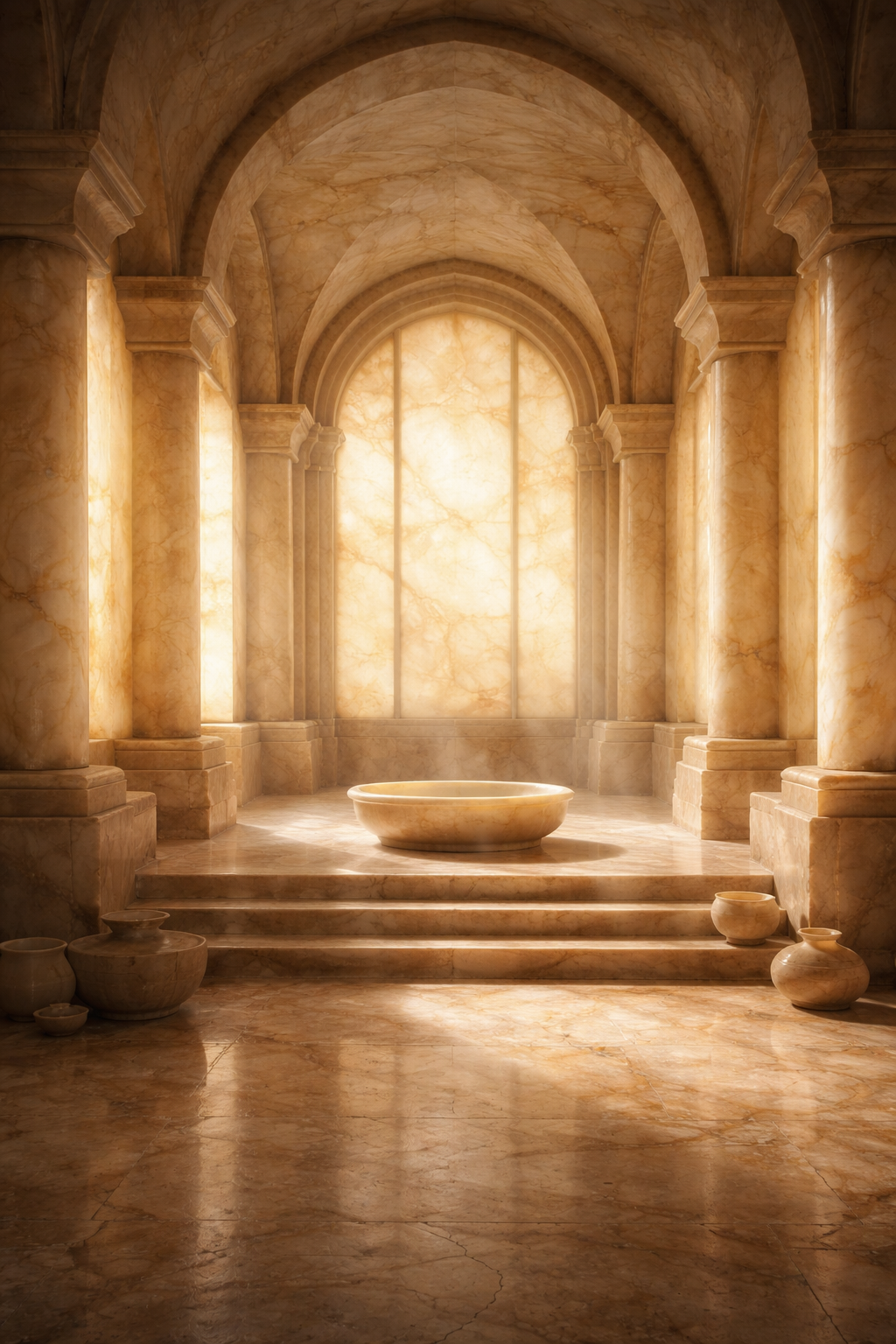Stone architectural interior with a large archway and basin, bathed in warm light.