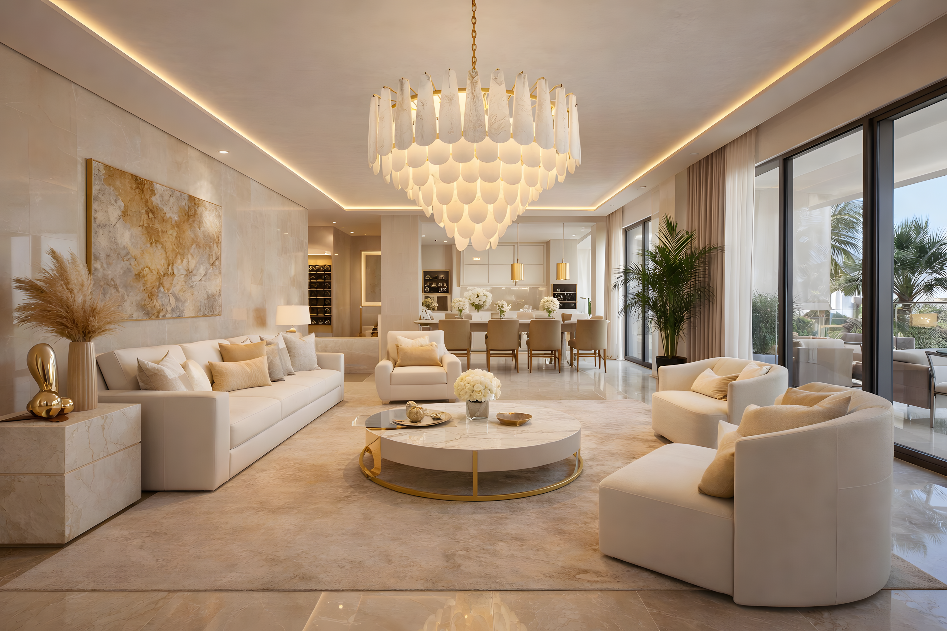 Modern living room with white furniture, chandelier, and large windows.