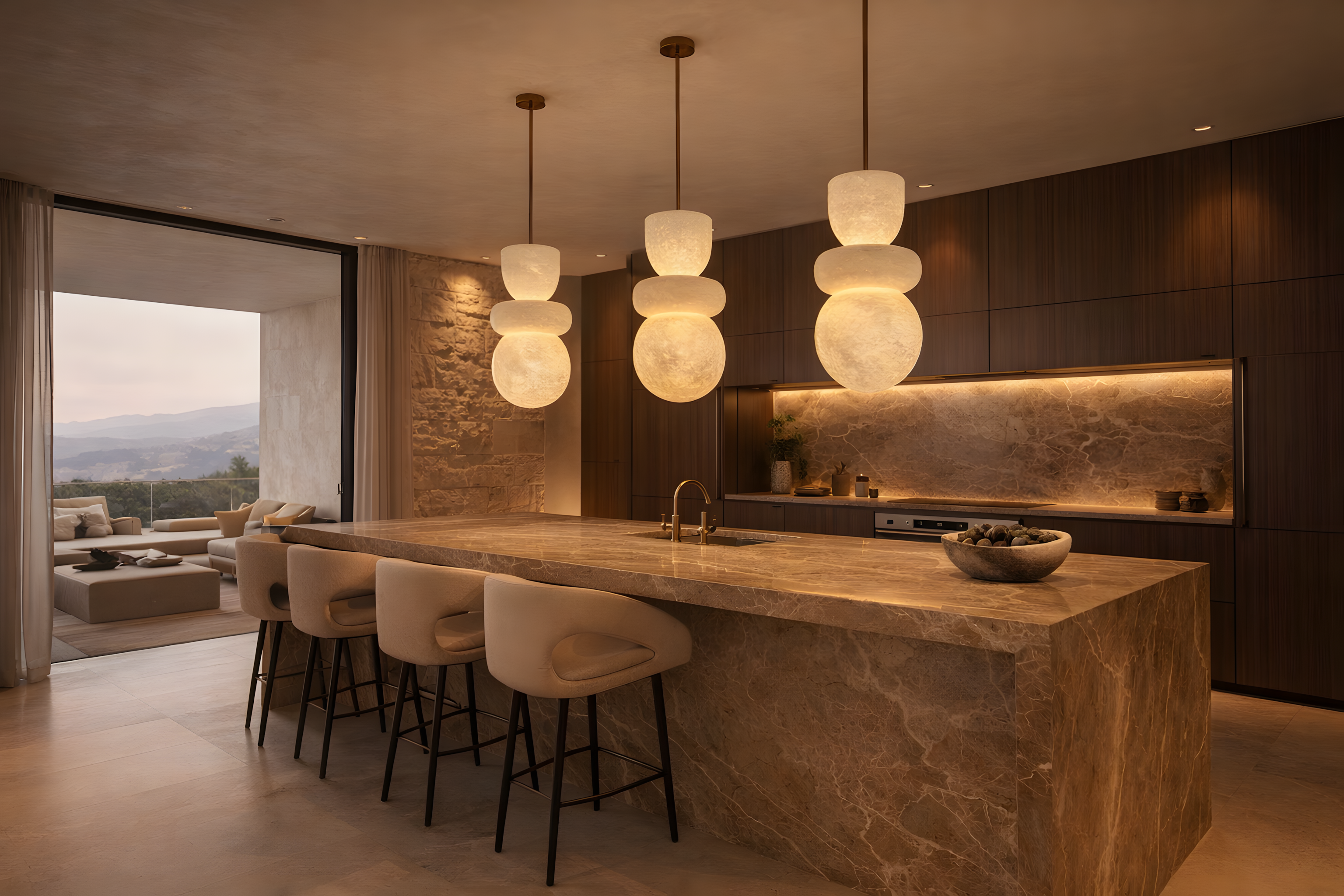 Modern kitchen with marble island and pendant lights
