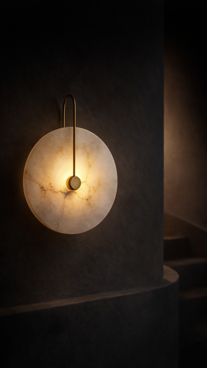 Round wall light fixture with a warm glow on a dark background