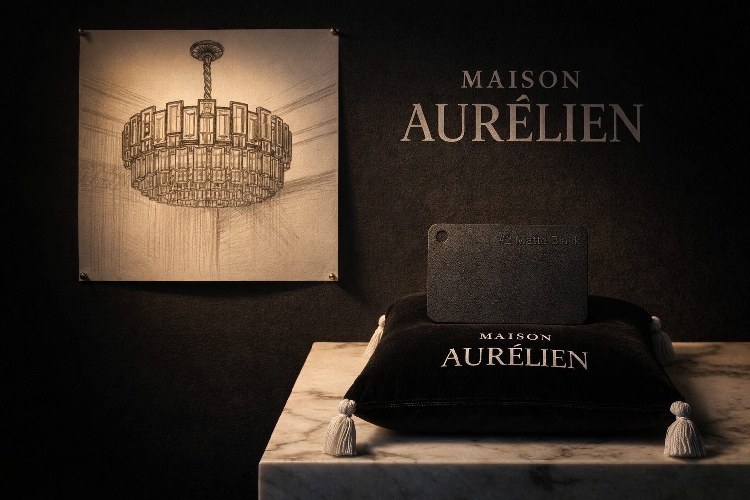 Maison Aurelien product on a marble surface with a chandelier illustration in the background.