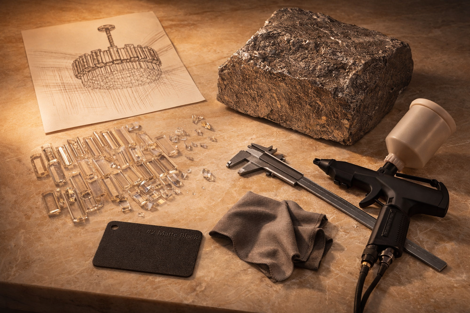 Workbench with tools, a rock, and architectural drawing on a wooden surface