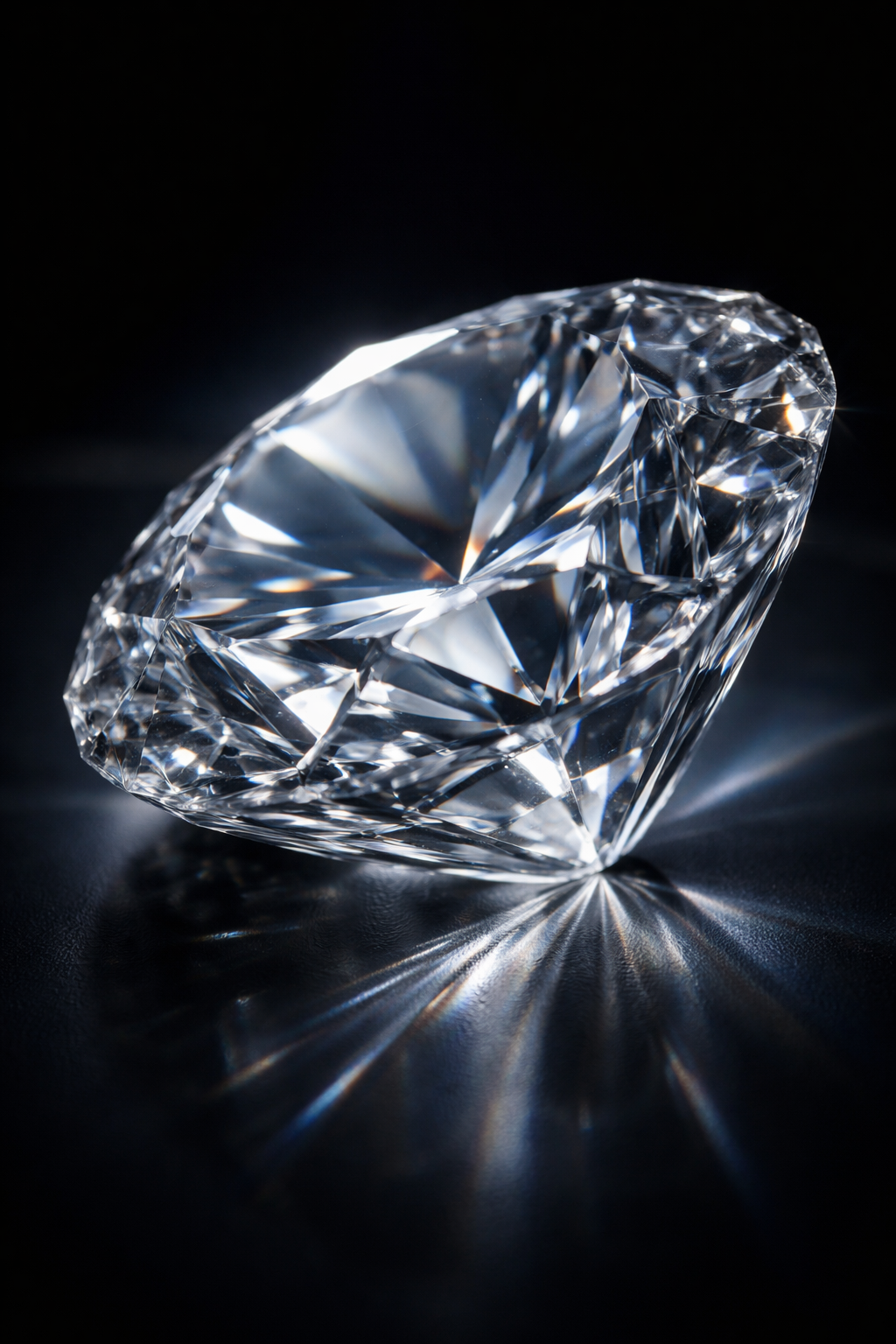 Faceted diamond on a reflective black surface