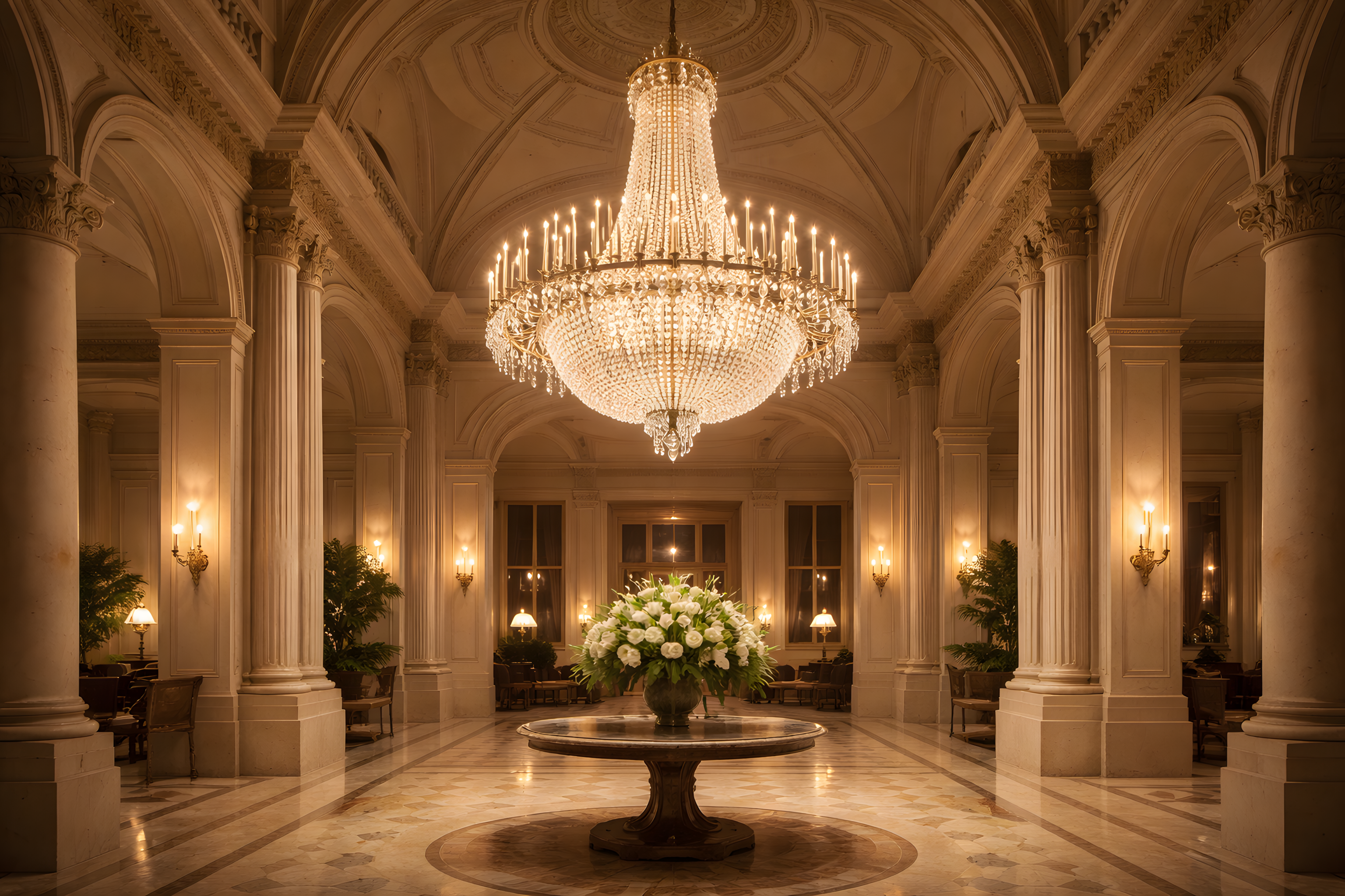 Luxurious interior of a grand hall with a chandelier and floral arrangement.