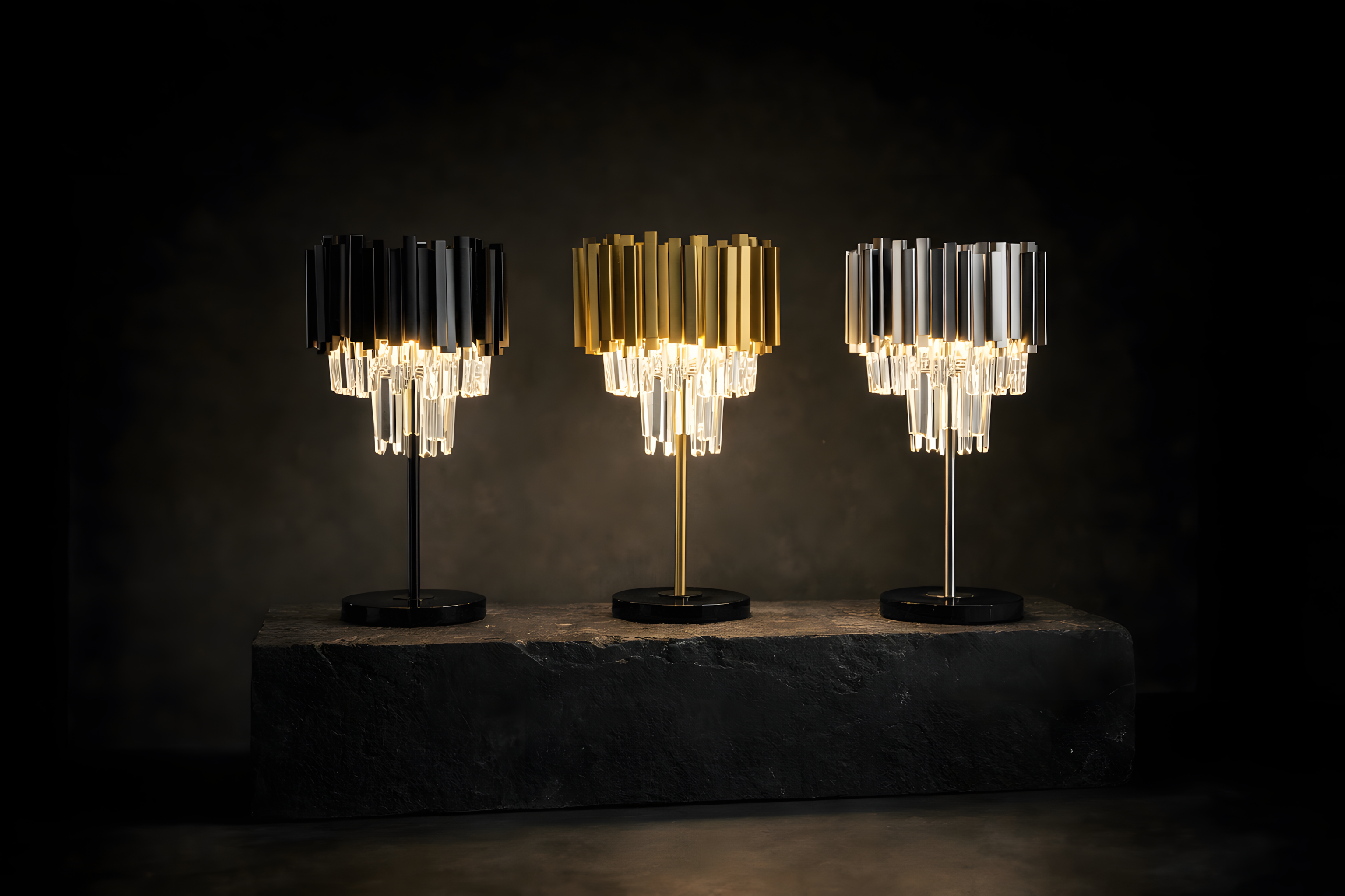 Three table lamps with black, gold , and silver shades on a dark background