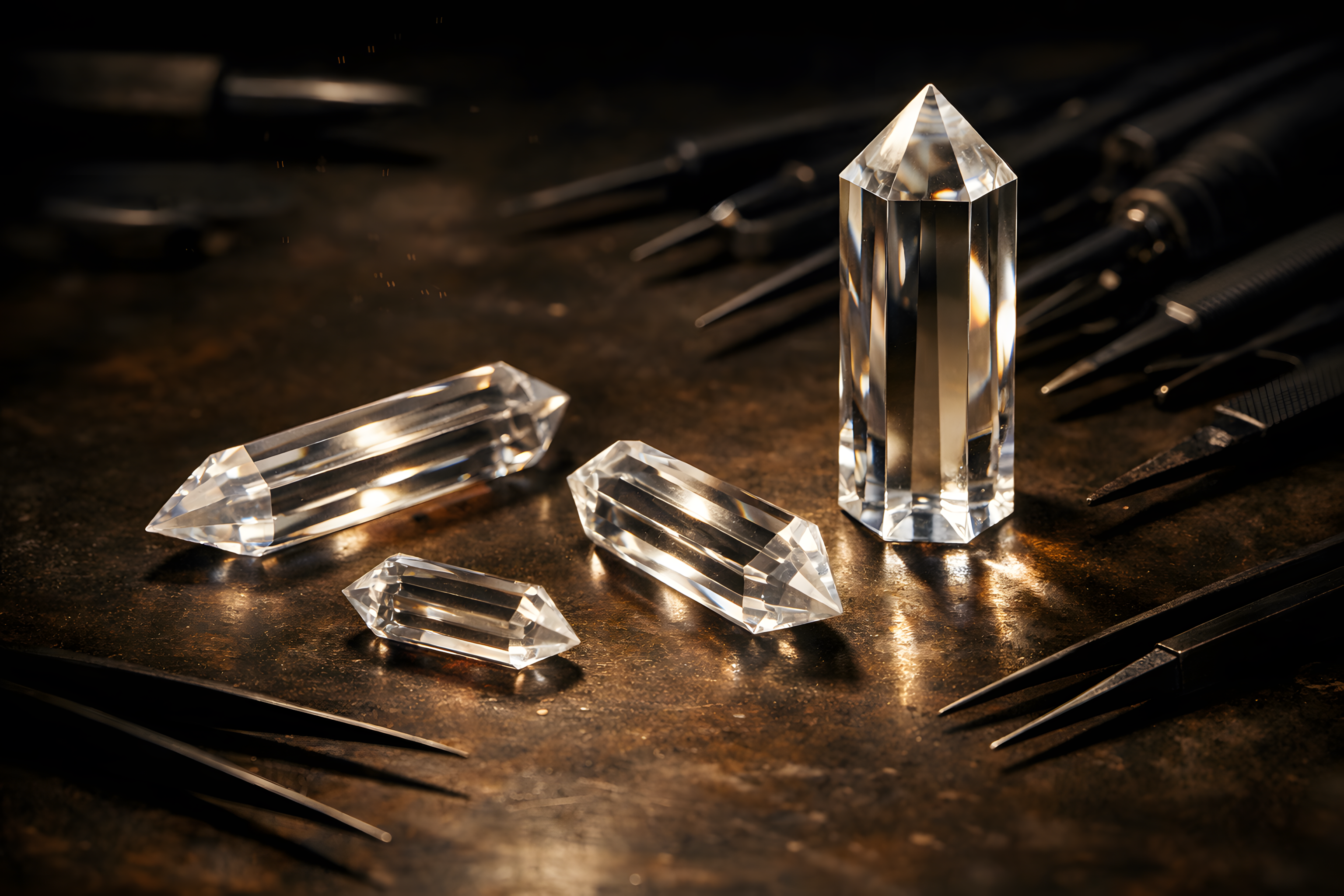 Clear crystal points on a dark, textured surface with metallic tools.