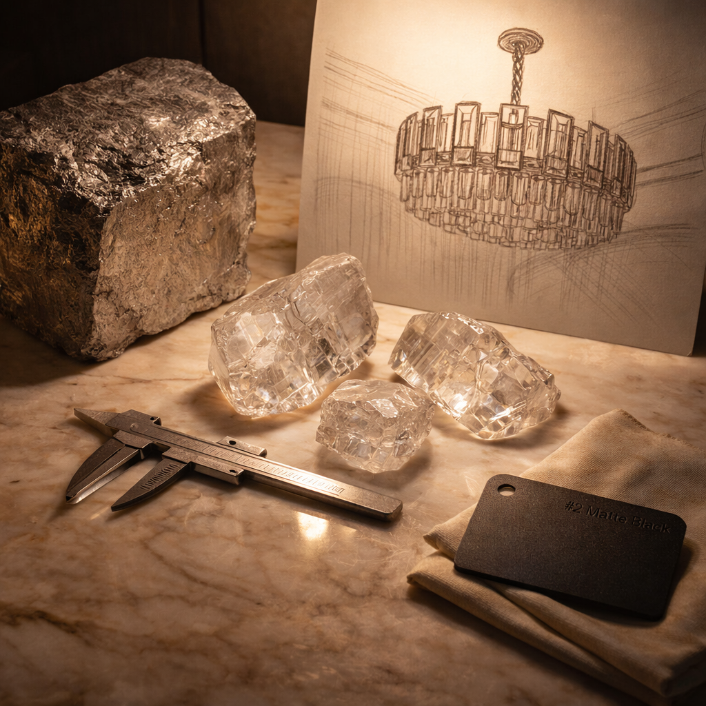 Raw diamonds on a marble surface with measuring tools and a chandelier drawing in the background.