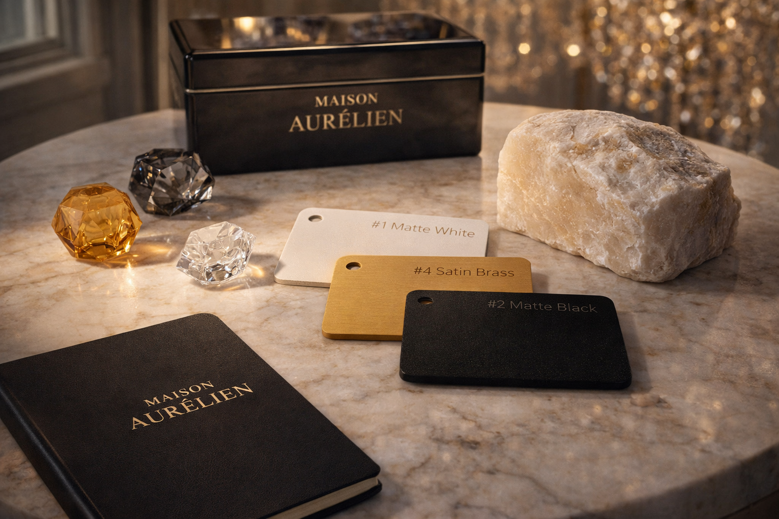 Maison Aurelien products including a black book, color swatches, and crystals on a marble surface.