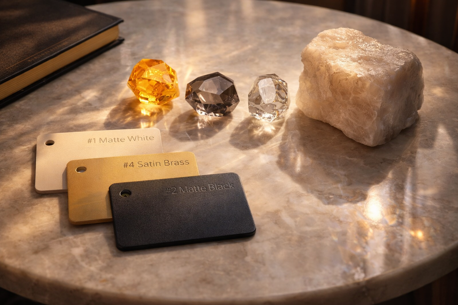 Color swatches labeled 'Matte White', '#4 Satin Brass', and '2 Matte Black' on a reflective surface with crystals.
