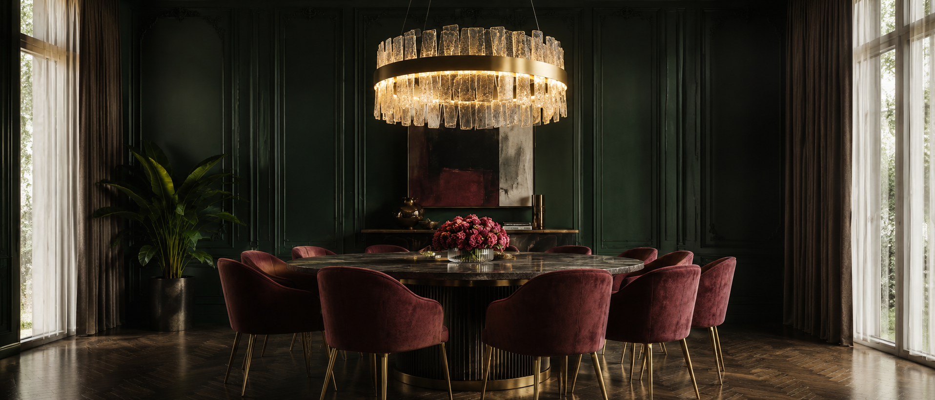 Dining room with a chandelier, table, and chairs in a dimly lit room.