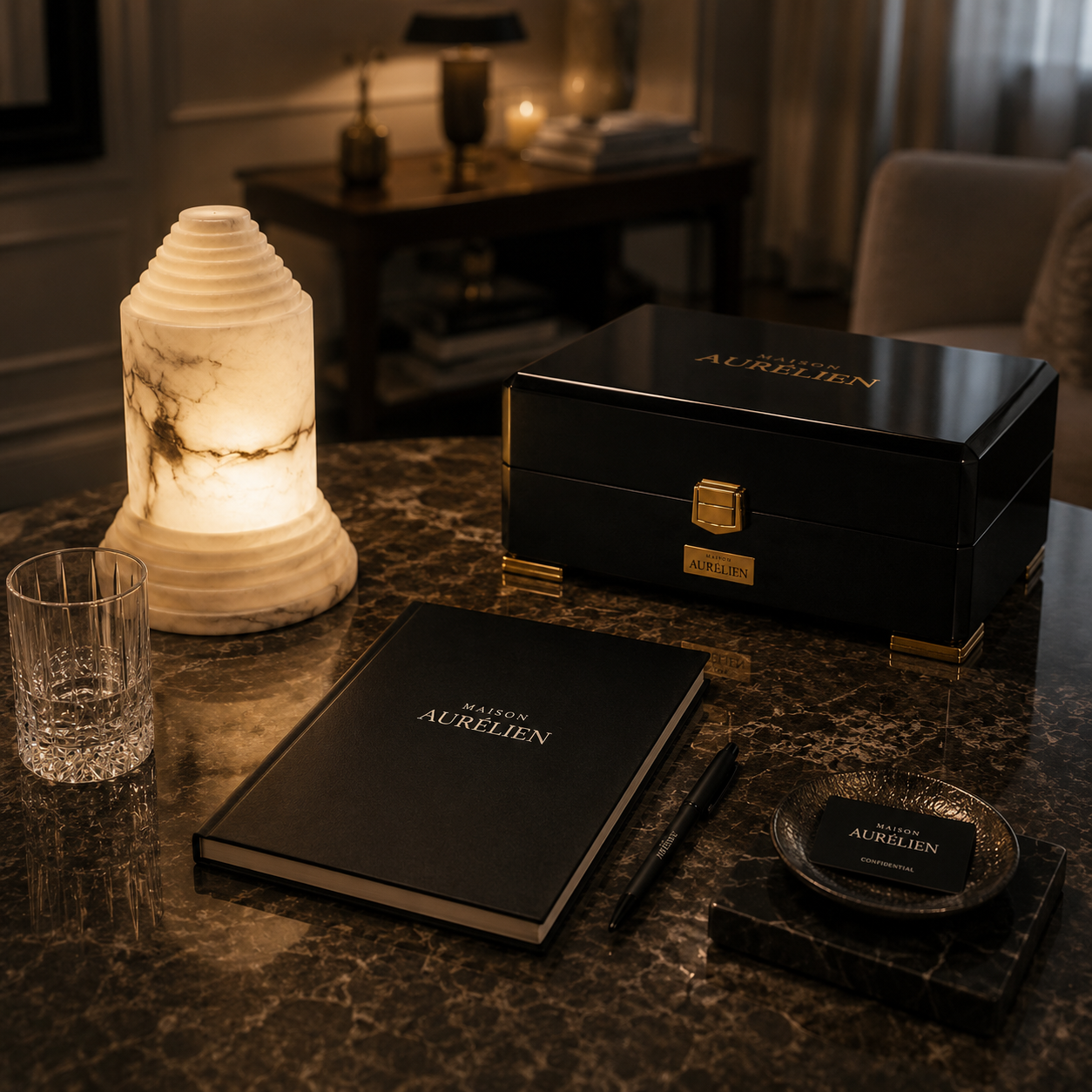 Maison Aurelien luxury packaging set with black lacquer gift box, branded notebook, business card, pen, crystal glass and glowing marble lamp on a dark marble table.