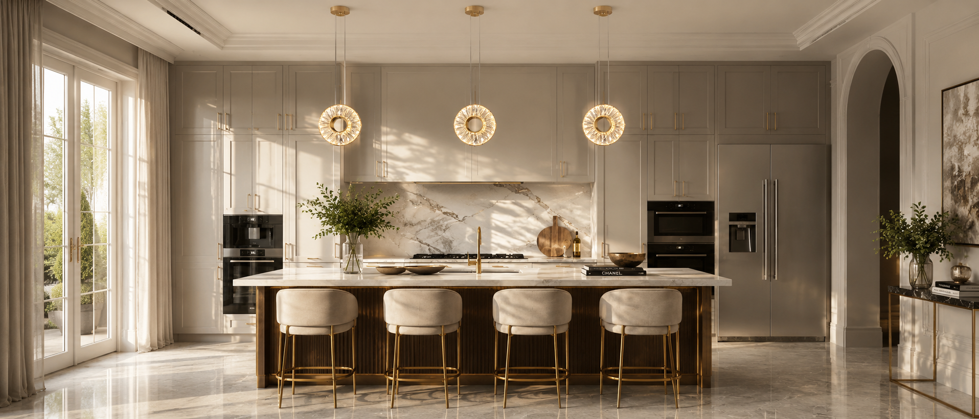 Modern kitchen with marble island, stainless steel appliances, and pendant lights.