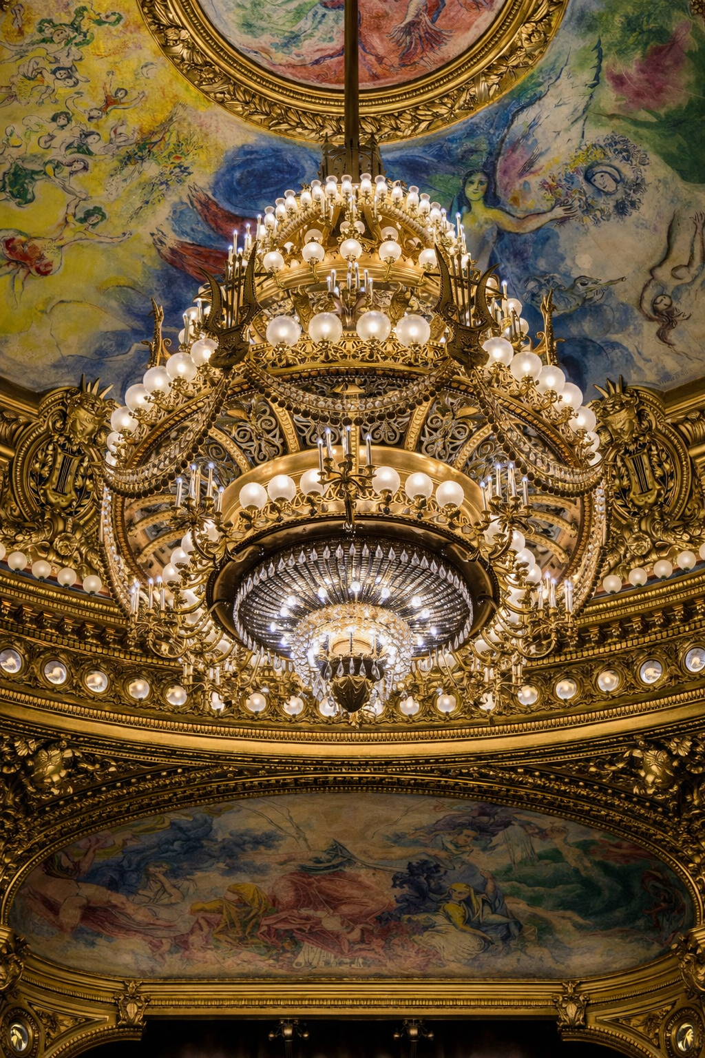 Ornate chandelier hanging from a decorated ceiling with artistic paintings
