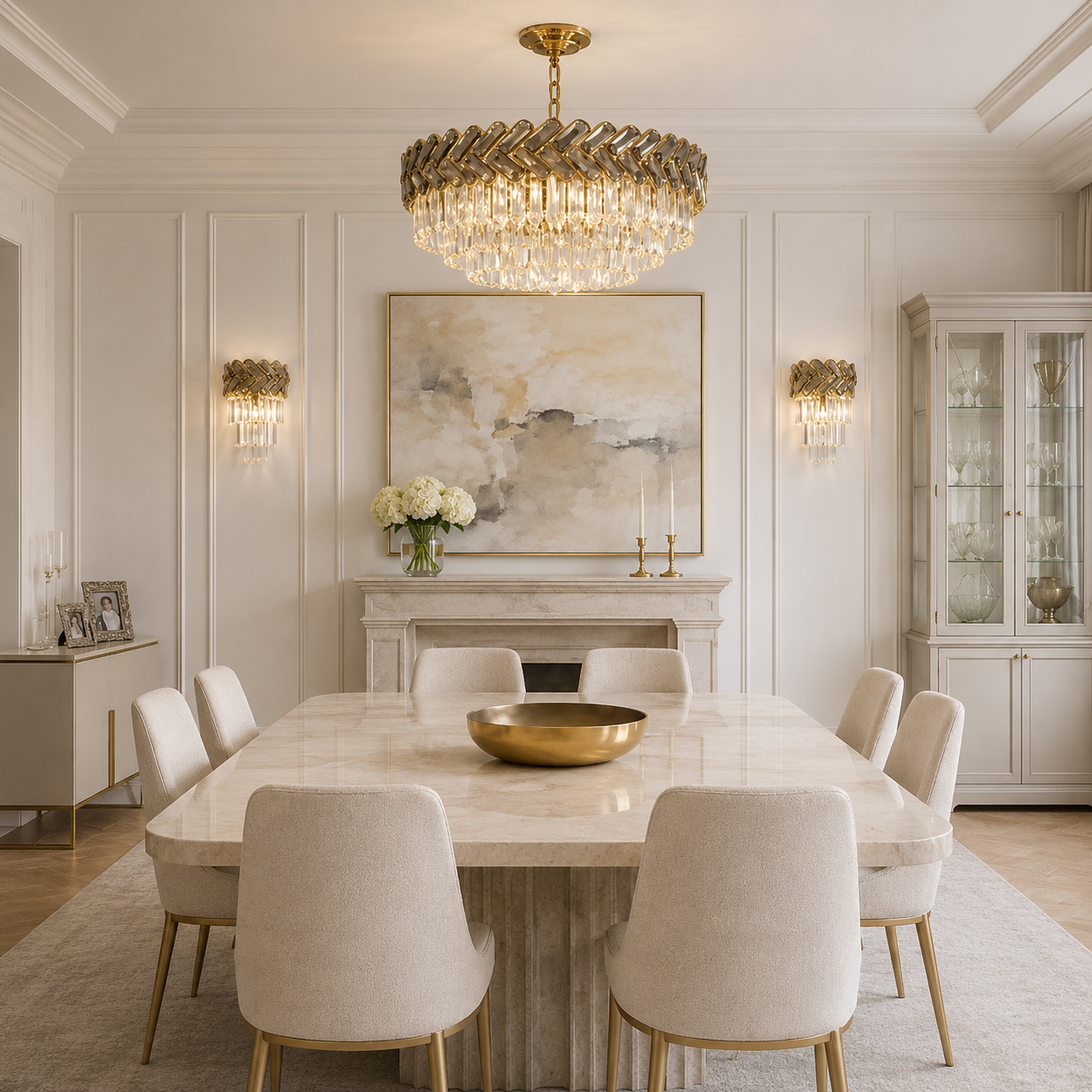 Elegant dining room with marble table, gold bowl, and chandelier.