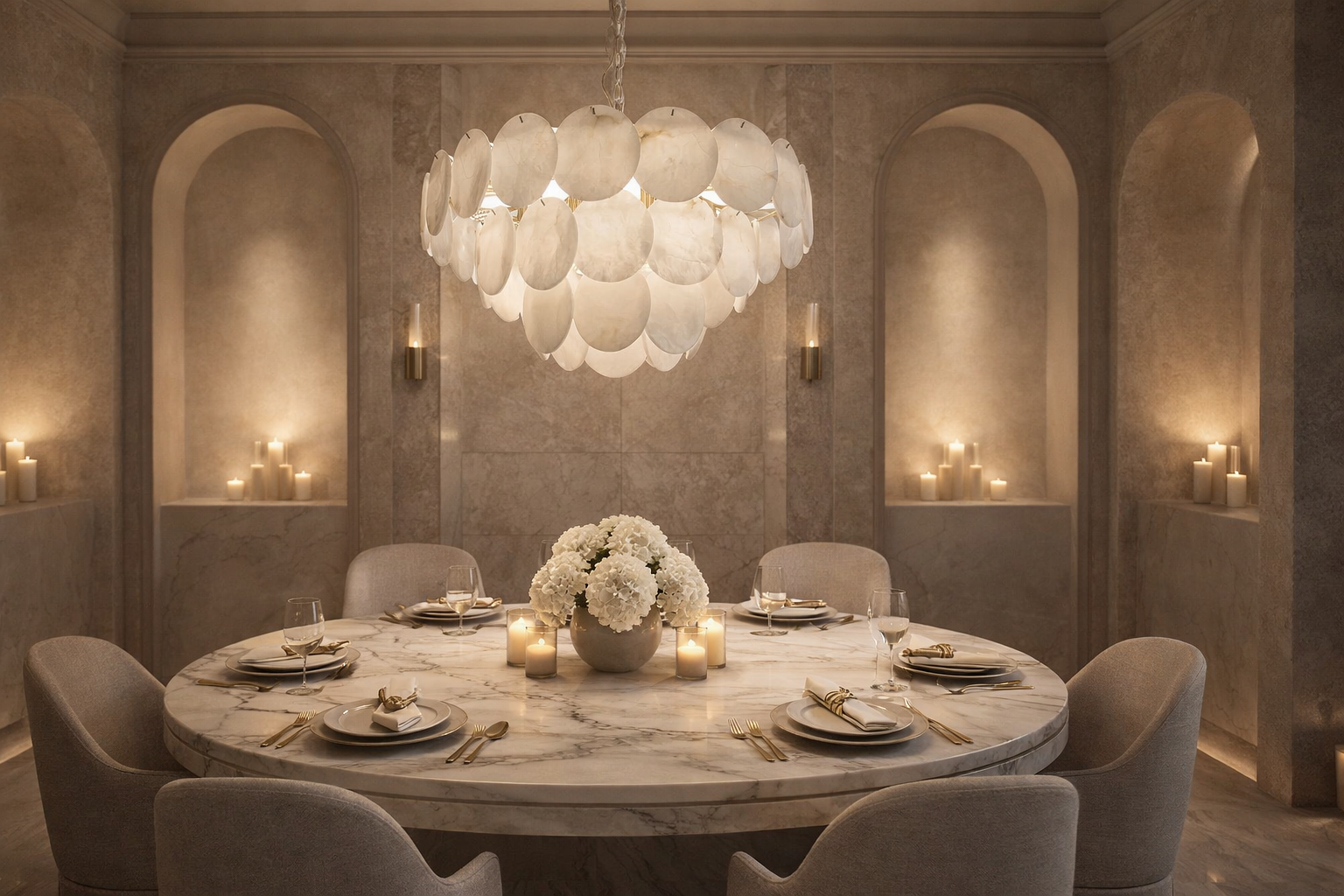 Elegant dining room with a round table, chairs, and a modern chandelier.