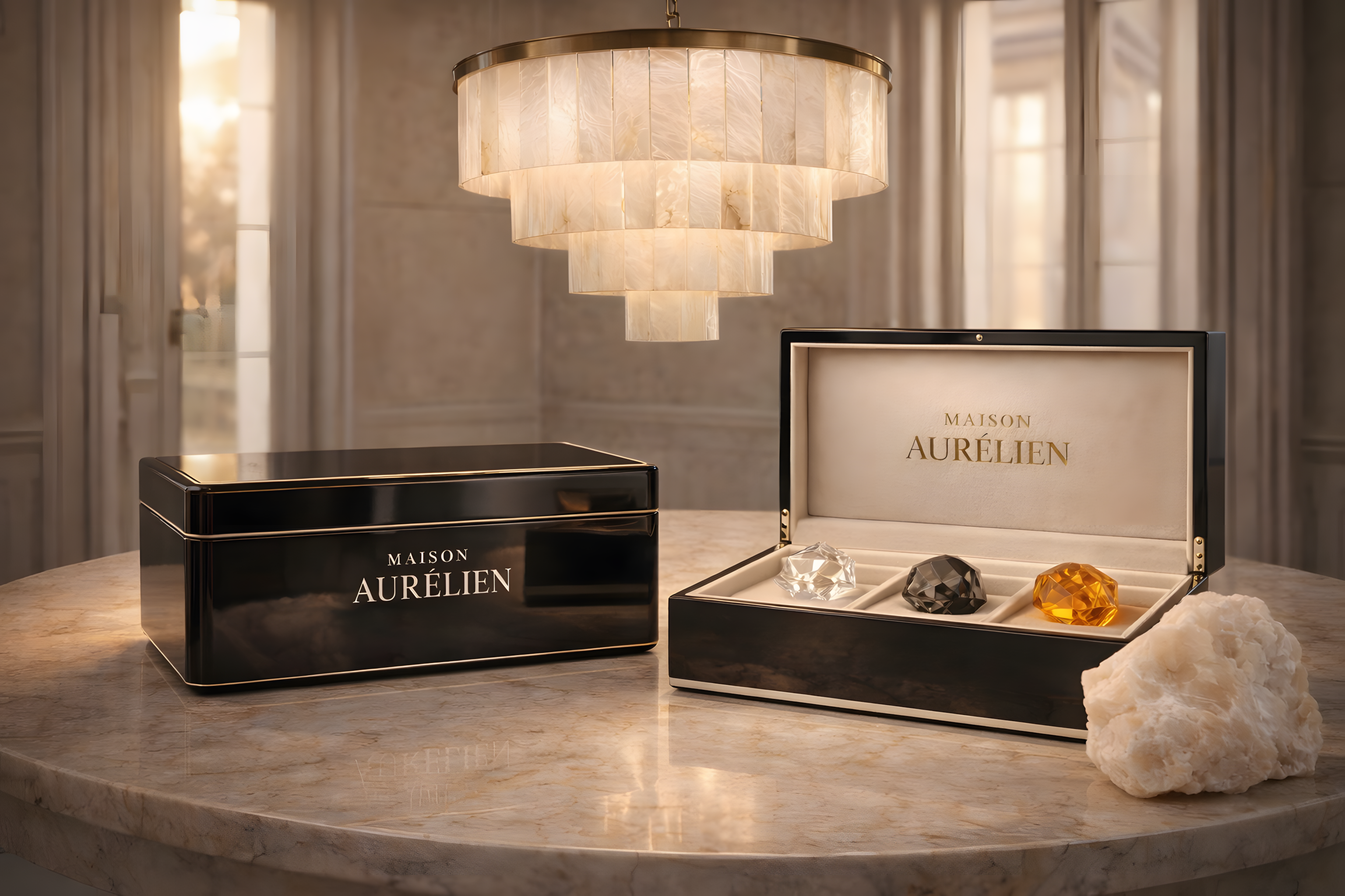 Maison Aurelien jewelry box with gemstones on a table, elegant interior setting.