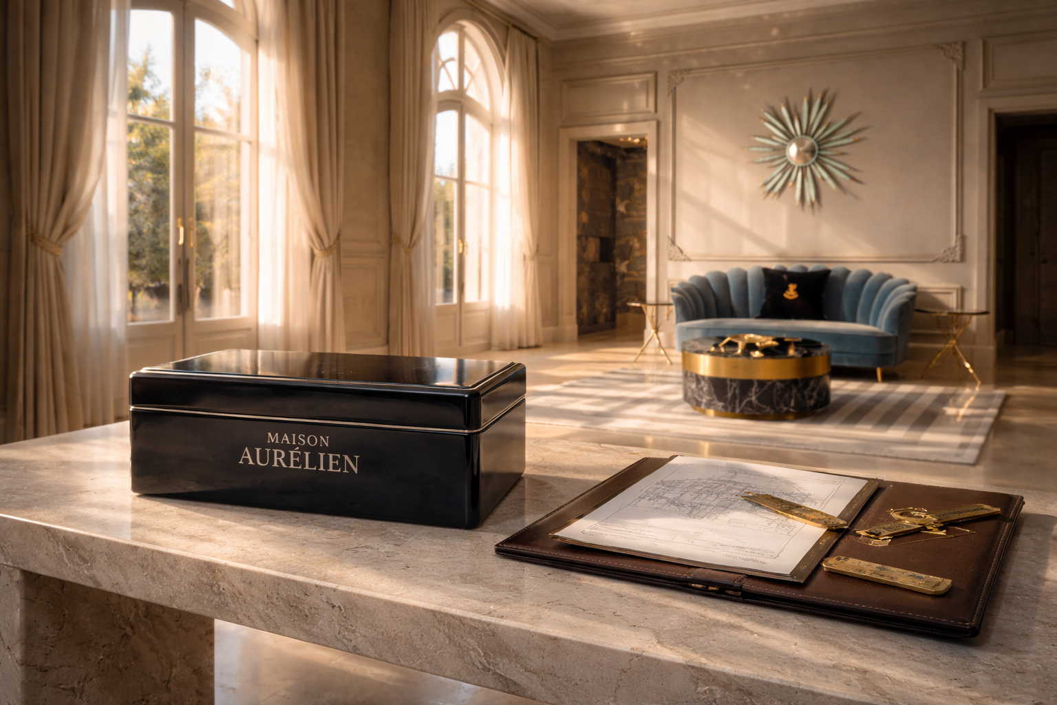 Luxurious interior with a black box labeled 'MAISON AURELIEN' on a marble surface with a place for a lighting fixture yet it's empty (suggests that one will be intalled  in the near future )