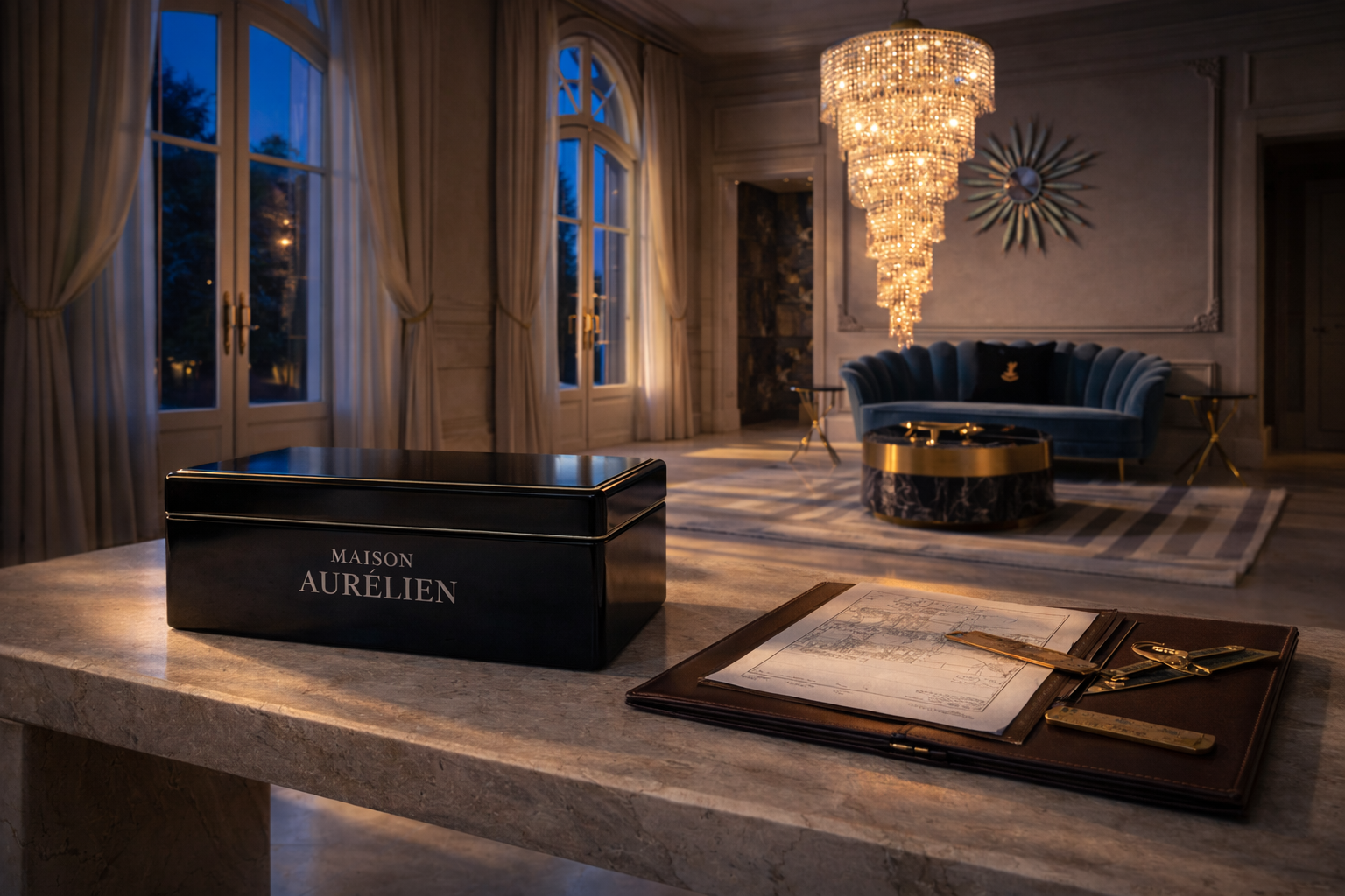 Luxurious room with a black box labeled 'MAISON AURELIEN', a chandelier, and a blue sofa.